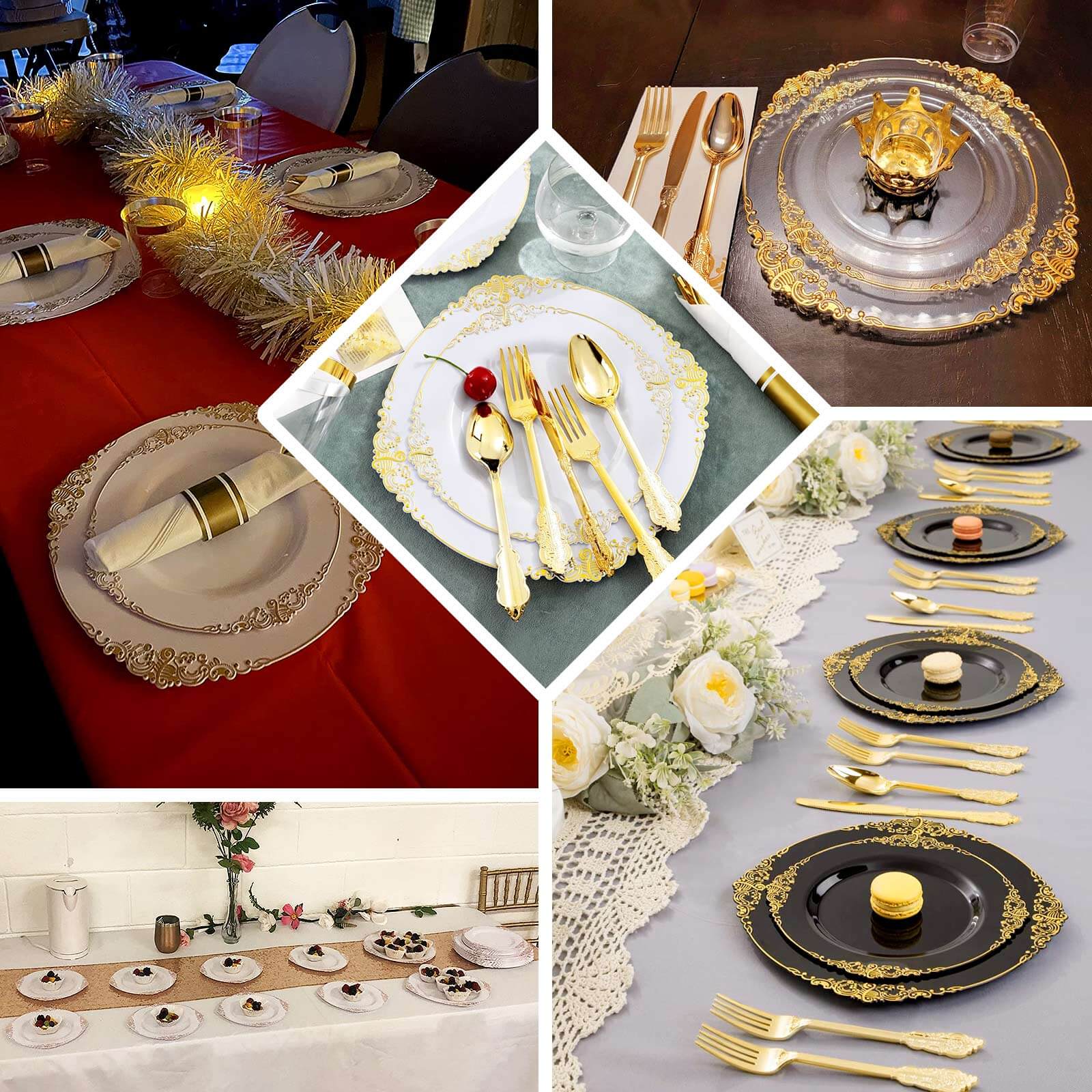 10-Pack Plastic Round Dinner Plates 10" Transparent Black with Gold Leaf Embossed Rim - Vintage Baroque Style Disposable Plates - Image 5