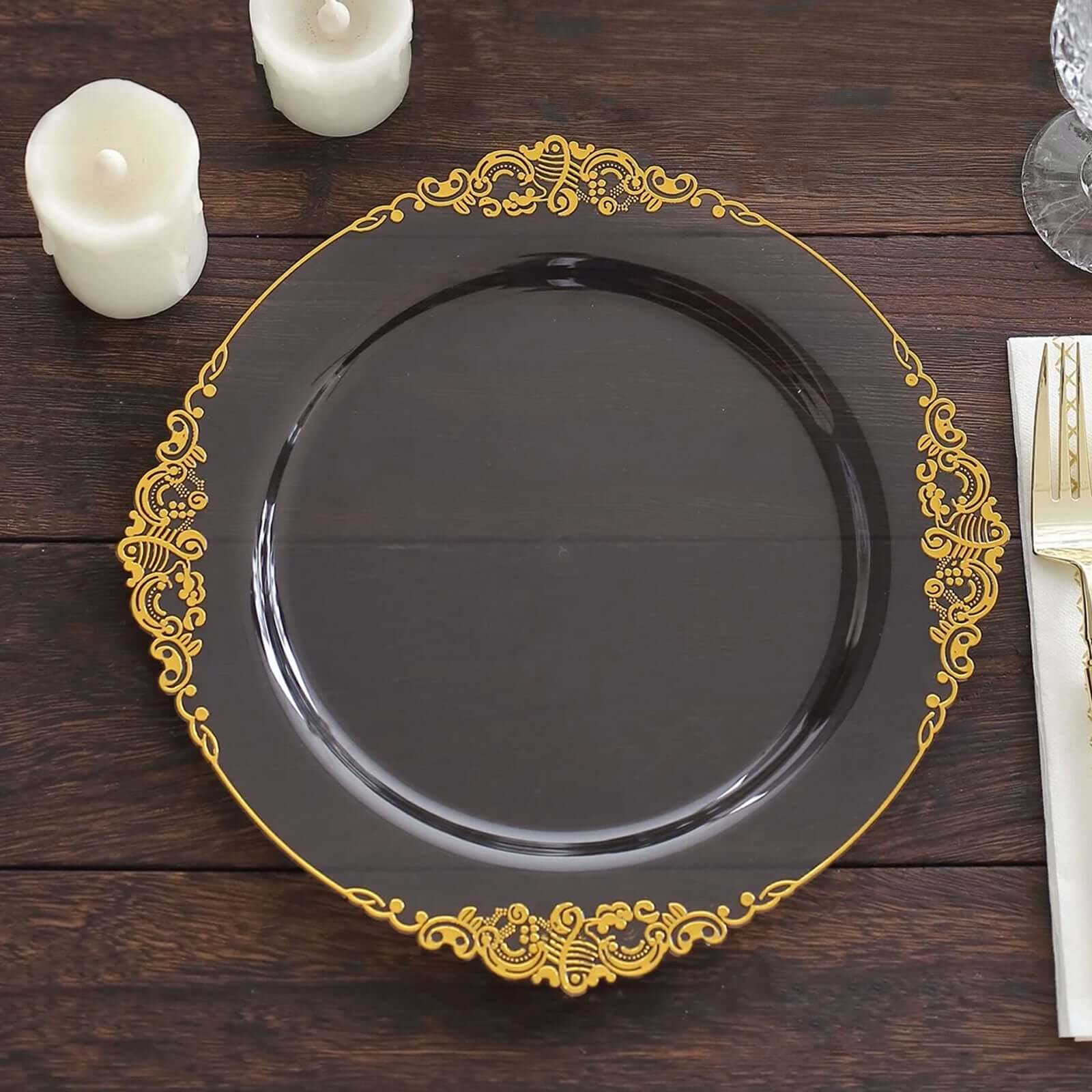 10-Pack Plastic Round Dinner Plates 10" Transparent Black with Gold Leaf Embossed Rim - Vintage Baroque Style Disposable Plates - Image 6