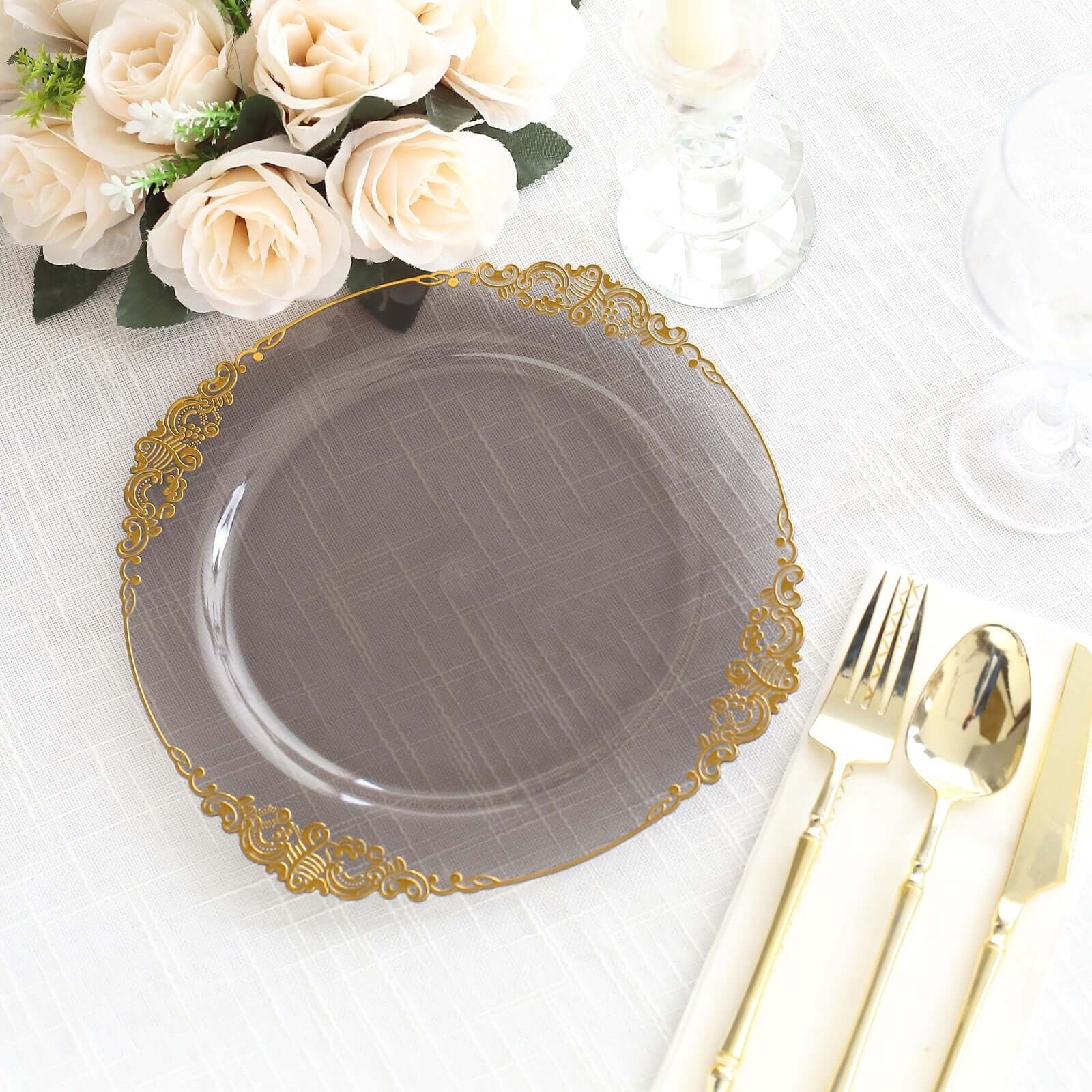 10-Pack Plastic Round Dinner Plates 10" Transparent Black with Gold Leaf Embossed Rim - Vintage Baroque Style Disposable Plates - Image 8