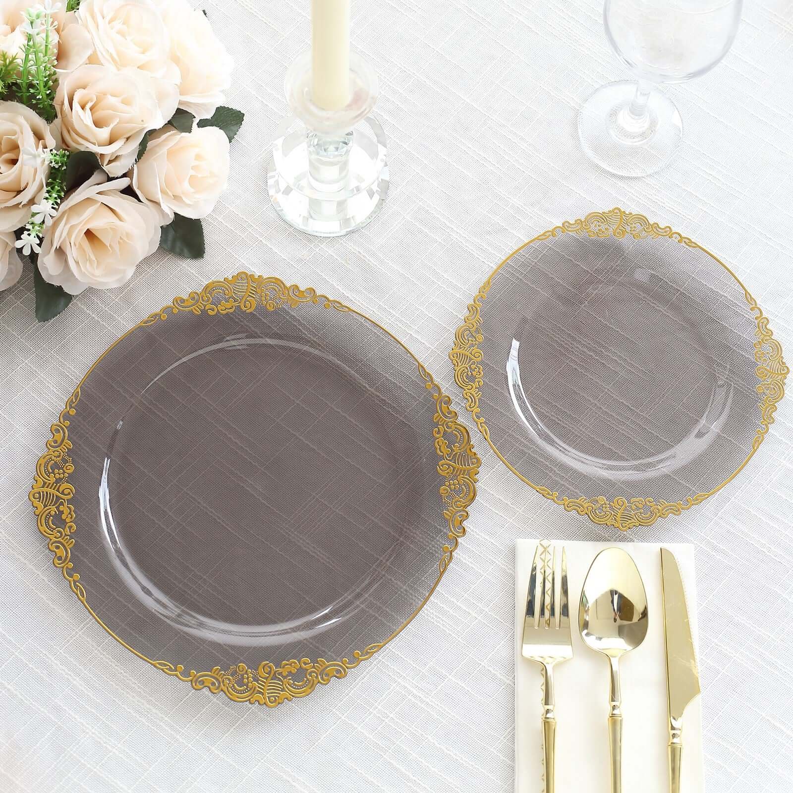 10-Pack Plastic Round Dinner Plates 10" Transparent Black with Gold Leaf Embossed Rim - Vintage Baroque Style Disposable Plates - Image 9