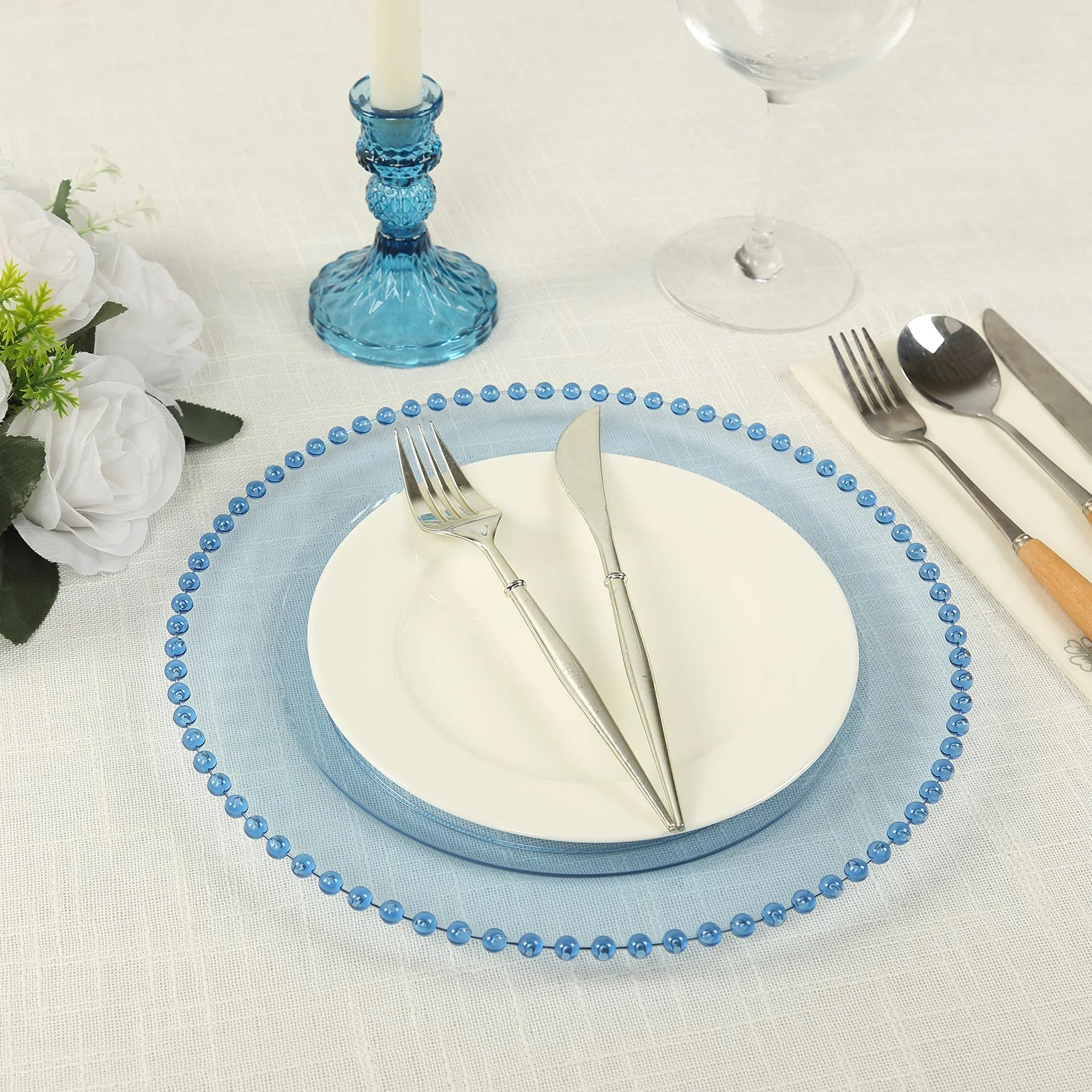10-Pack Plastic Round Dinner Plates 10" Transparent Dusty Blue with Beaded Rim - Disposable Party Plates - Image 2