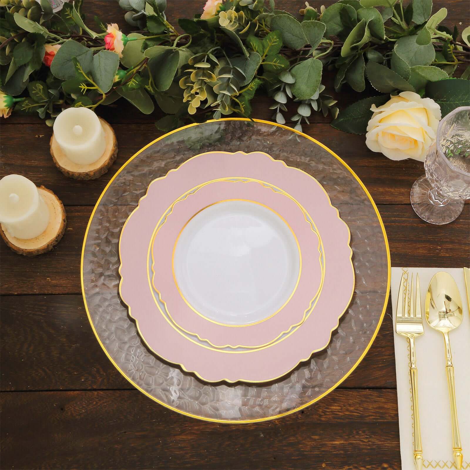 10-Pack Plastic Round Dinner Plates 10" White with Blush Blossom Design & Gold Edging - Disposable Party Plates - Image 2
