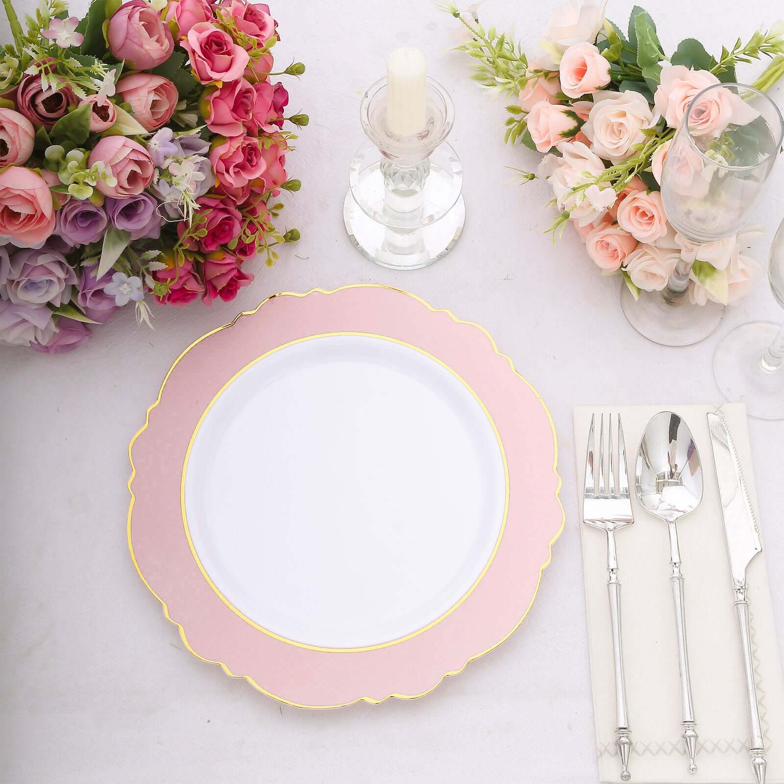 10-Pack Plastic Round Dinner Plates 10" White with Blush Blossom Design & Gold Edging - Disposable Party Plates - Image 5