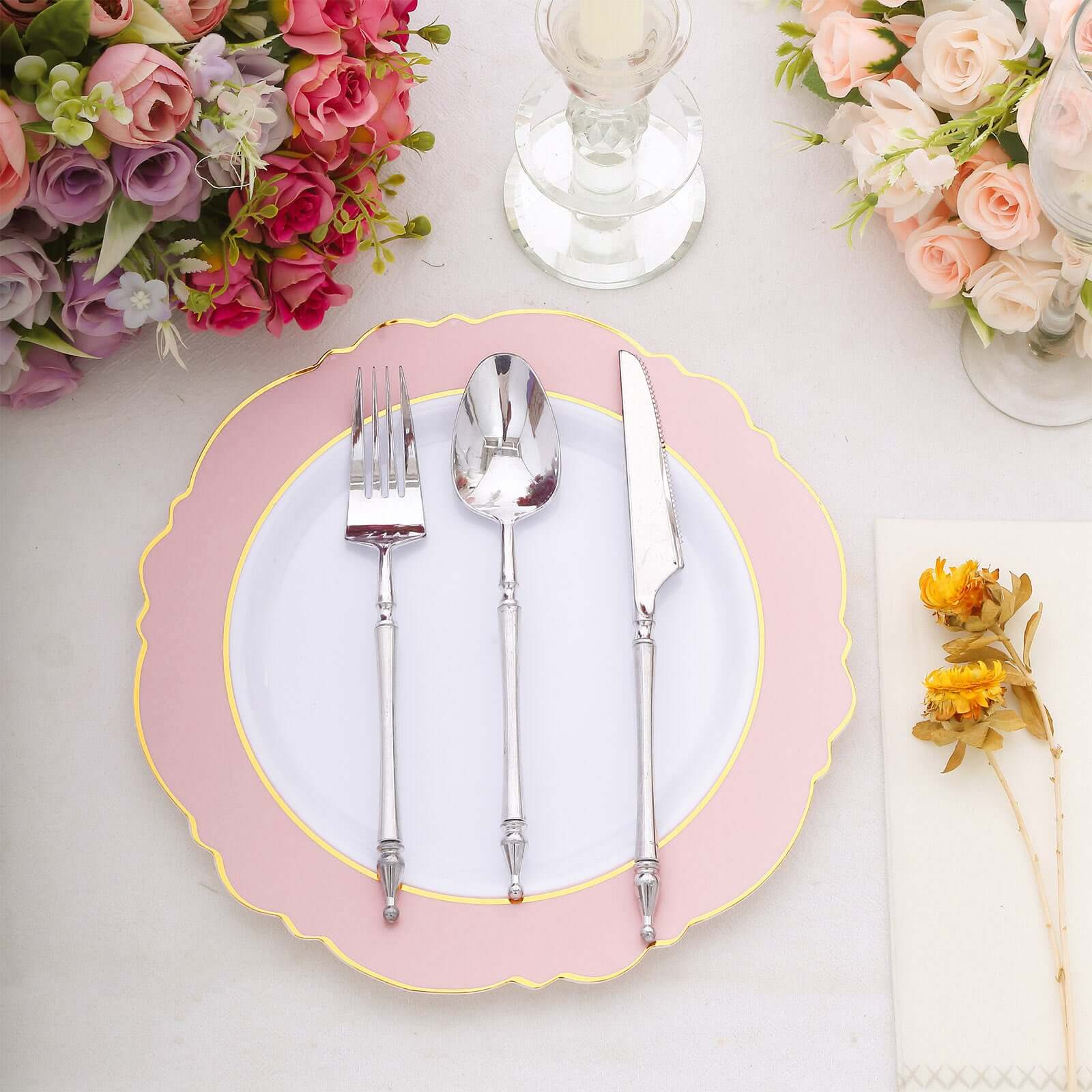 10-Pack Plastic Round Dinner Plates 10" White with Blush Blossom Design & Gold Edging - Disposable Party Plates - Image 7