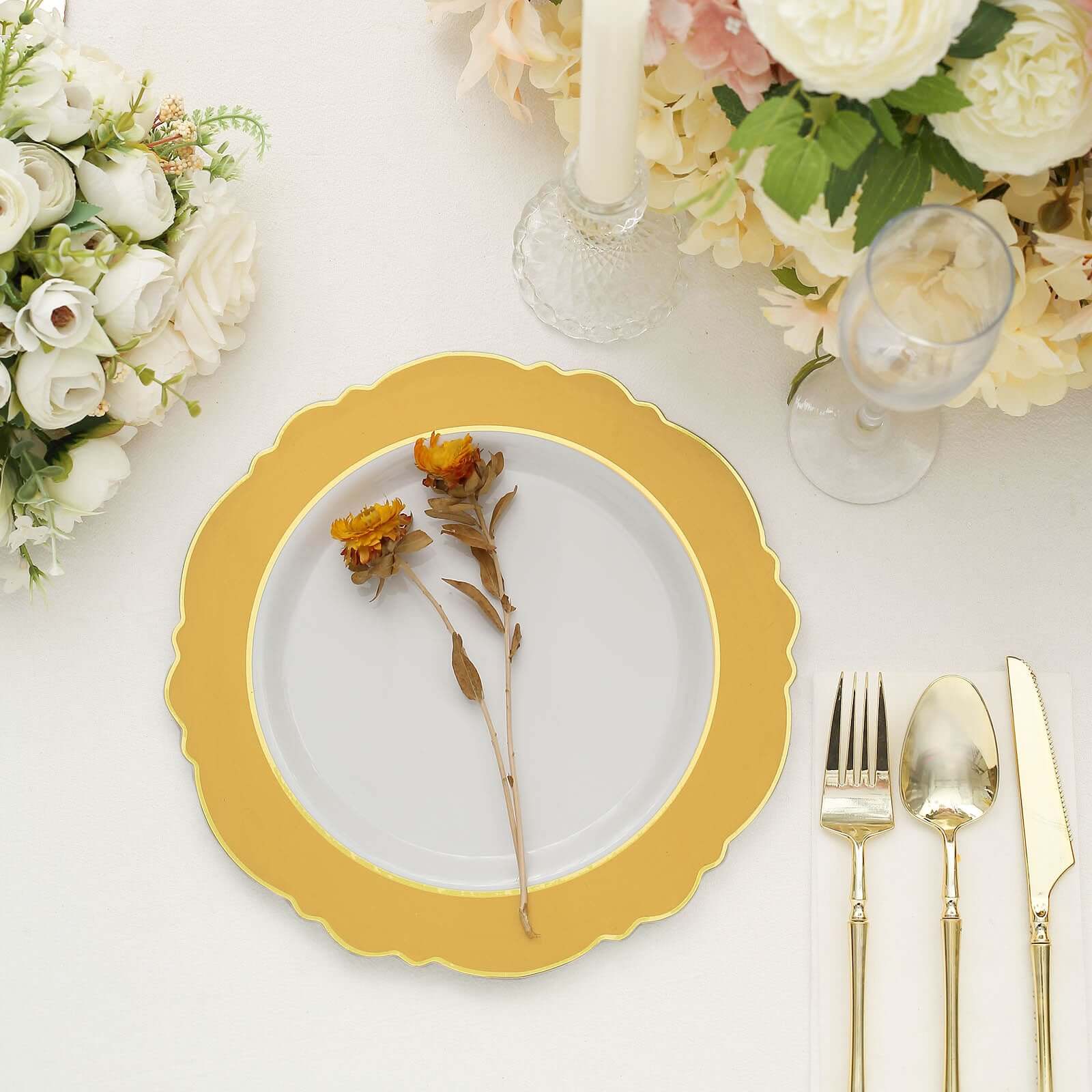 10-Pack Plastic Round Dinner Plates 10" White with Gold Blossom Design & Gold Edging - Disposable Party Plates for Modern & Sophisticated Tablescape - Image 6
