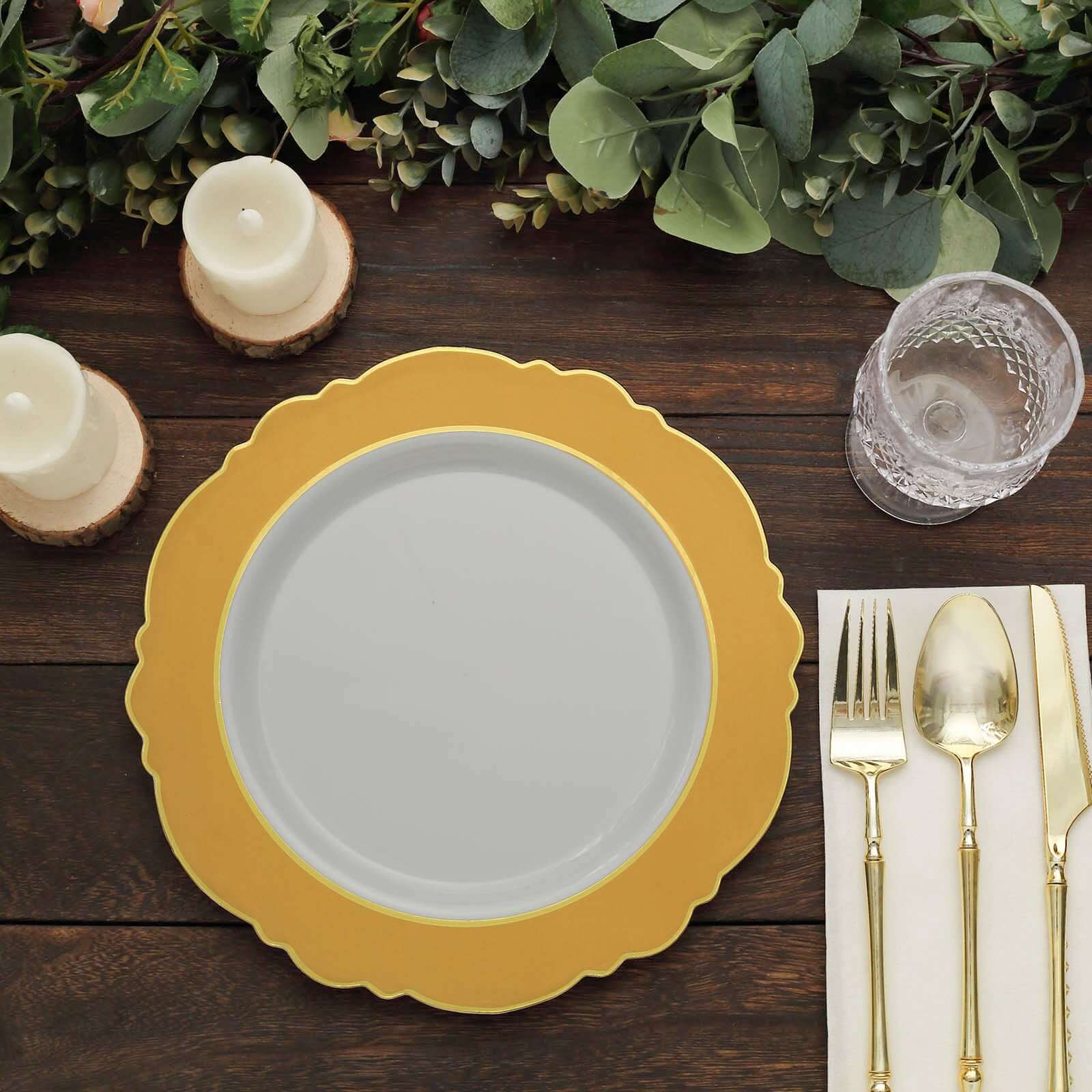 10-Pack Plastic Round Dinner Plates 10" White with Gold Blossom Design & Gold Edging - Disposable Party Plates for Modern & Sophisticated Tablescape - Image 8
