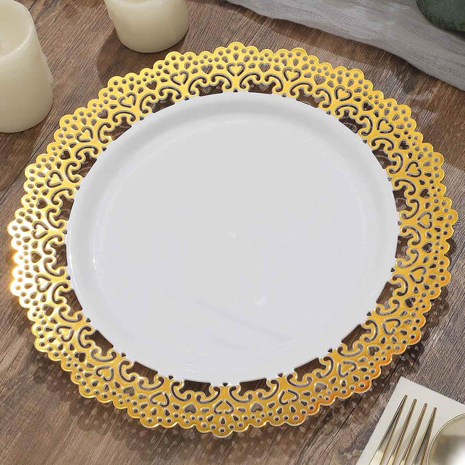 10-Pack Plastic Round Dinner Plates 10" White with Gold Lace Rim - Disposable Party Plates for Sophisticated Events & Celebrations