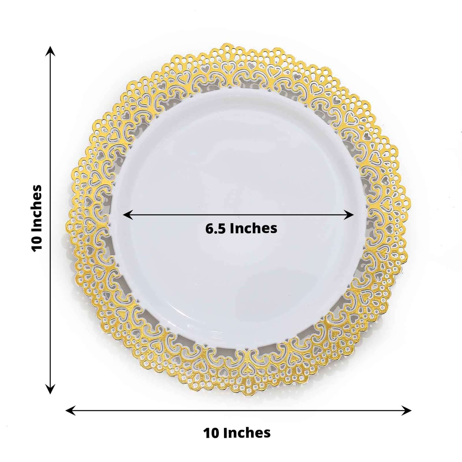 10-Pack Plastic Round Dinner Plates 10" White with Gold Lace Rim - Disposable Party Plates for Sophisticated Events & Celebrations - Image 3
