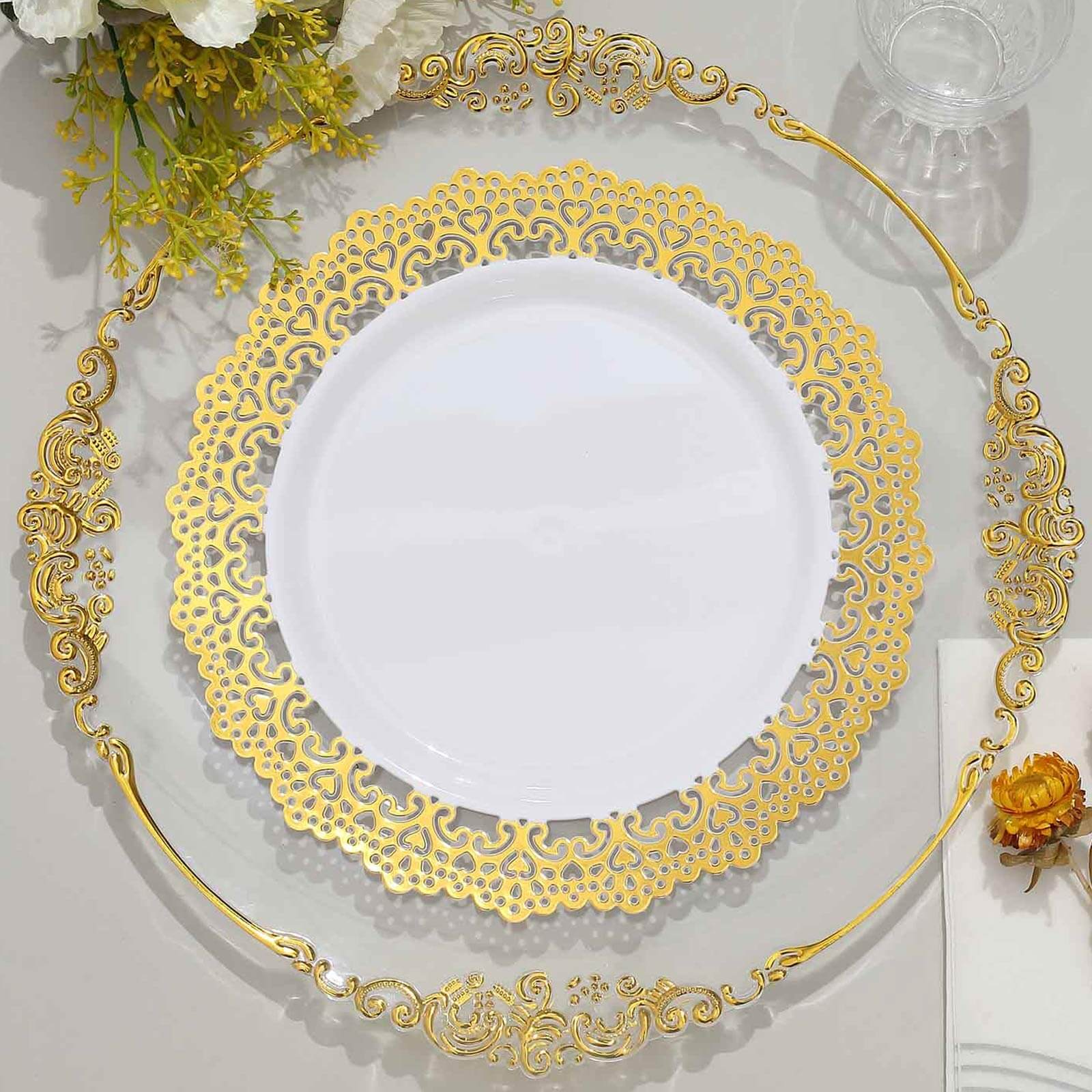 10-Pack Plastic Round Dinner Plates 10" White with Gold Lace Rim - Disposable Party Plates for Sophisticated Events & Celebrations - Image 4