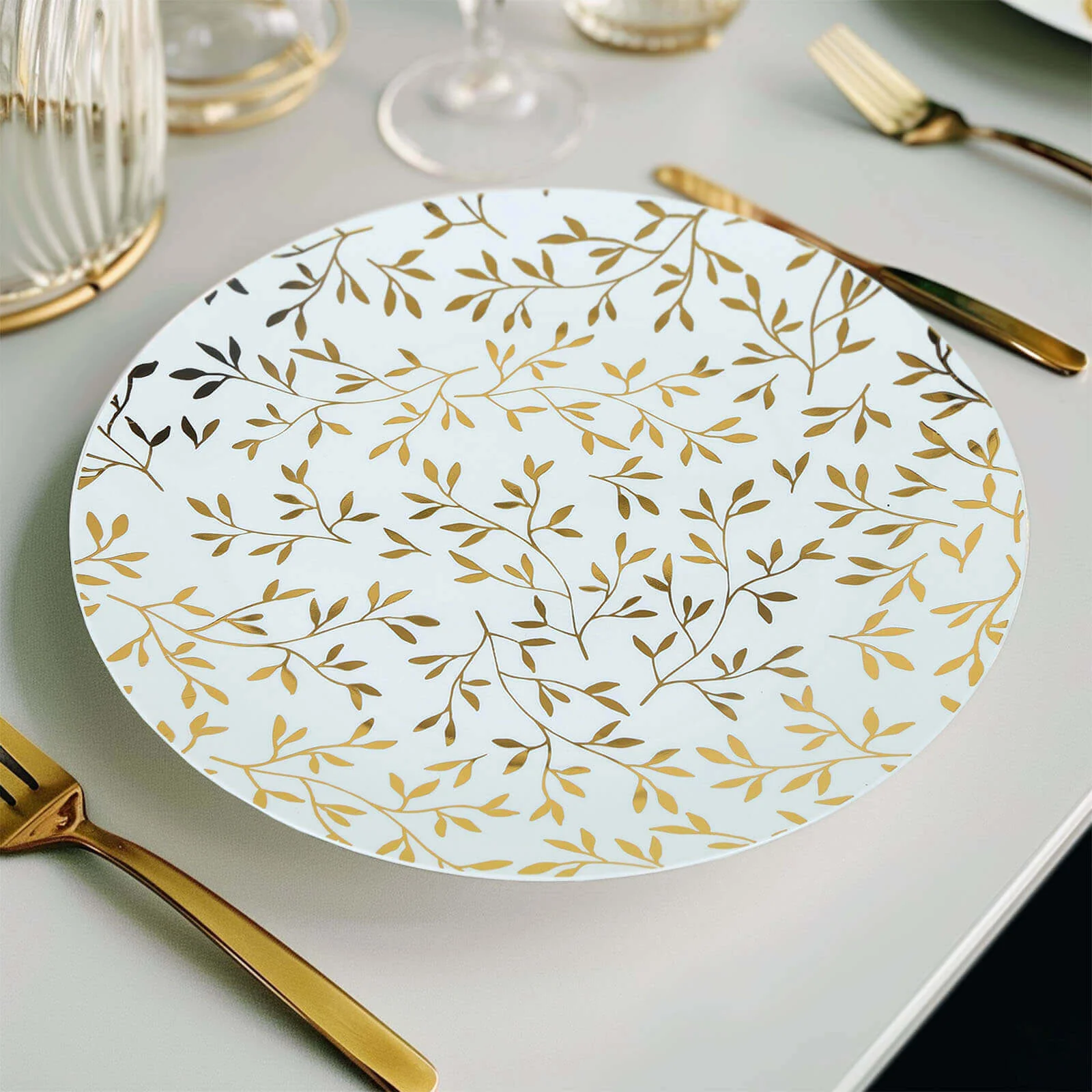 10-Pack Plastic Round Dinner Plates 10" White with Gold Leaf Design - Heavy Duty Disposable Party Plates for Festive Occasions & Memorable Celebrations