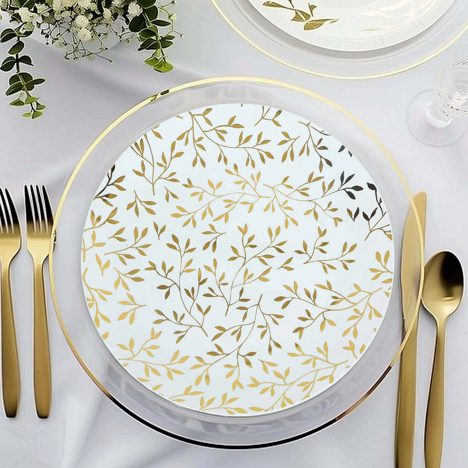 10-Pack Plastic Round Dinner Plates 10" White with Gold Leaf Design - Heavy Duty Disposable Party Plates for Festive Occasions & Memorable Celebrations - Image 4