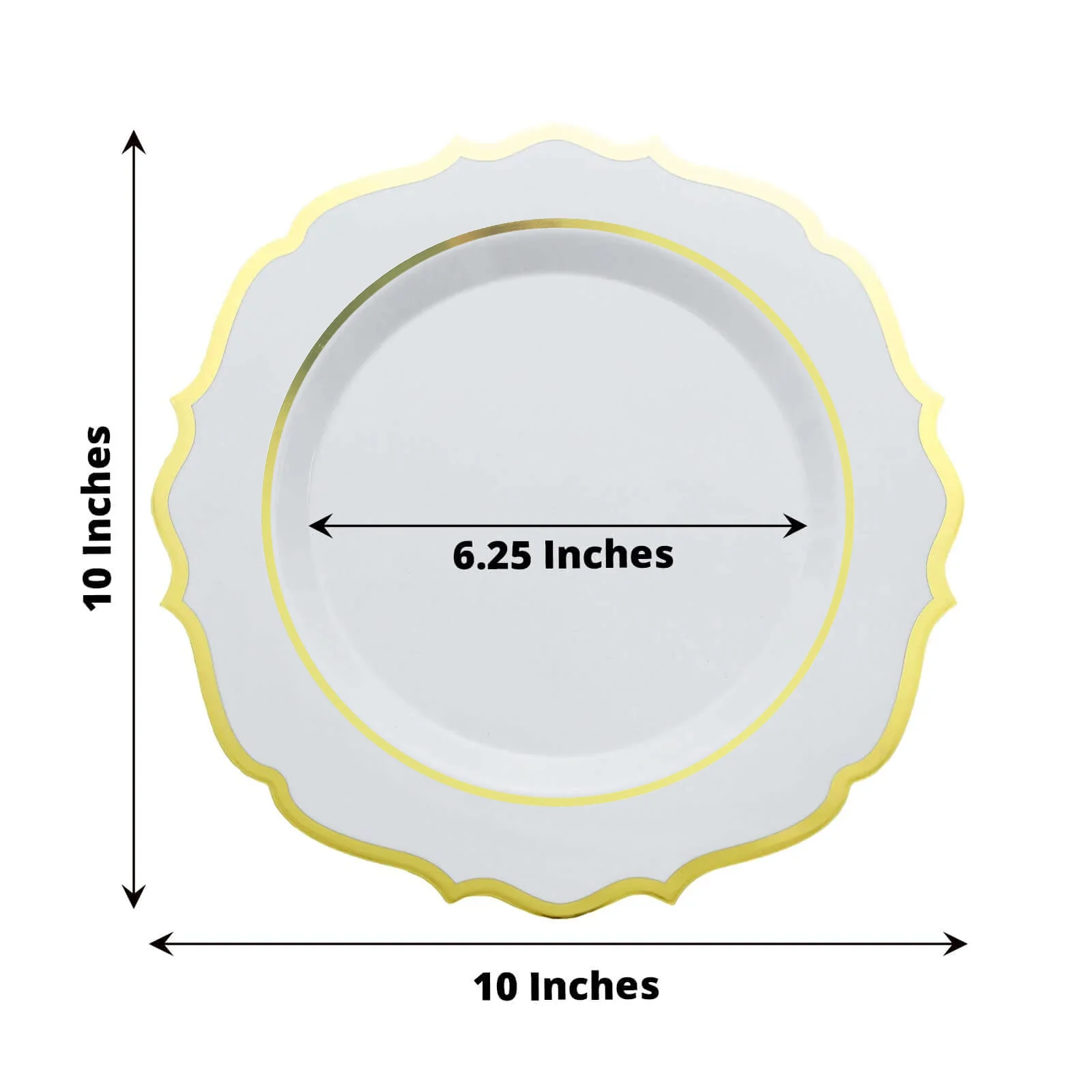 10-Pack Plastic Round Dinner Plates 10" White with Gold Scalloped Rim - Disposable Party Plates for Stylish Weddings & Celebrations - Image 3