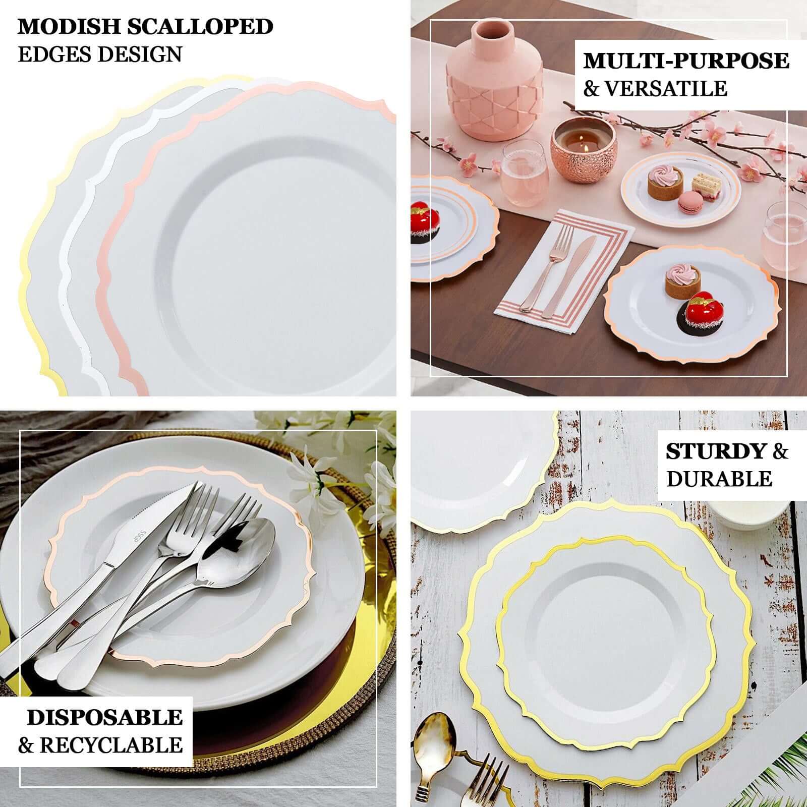 10-Pack Plastic Round Dinner Plates 10" White with Gold Scalloped Rim - Disposable Party Plates for Stylish Weddings & Celebrations - Image 4