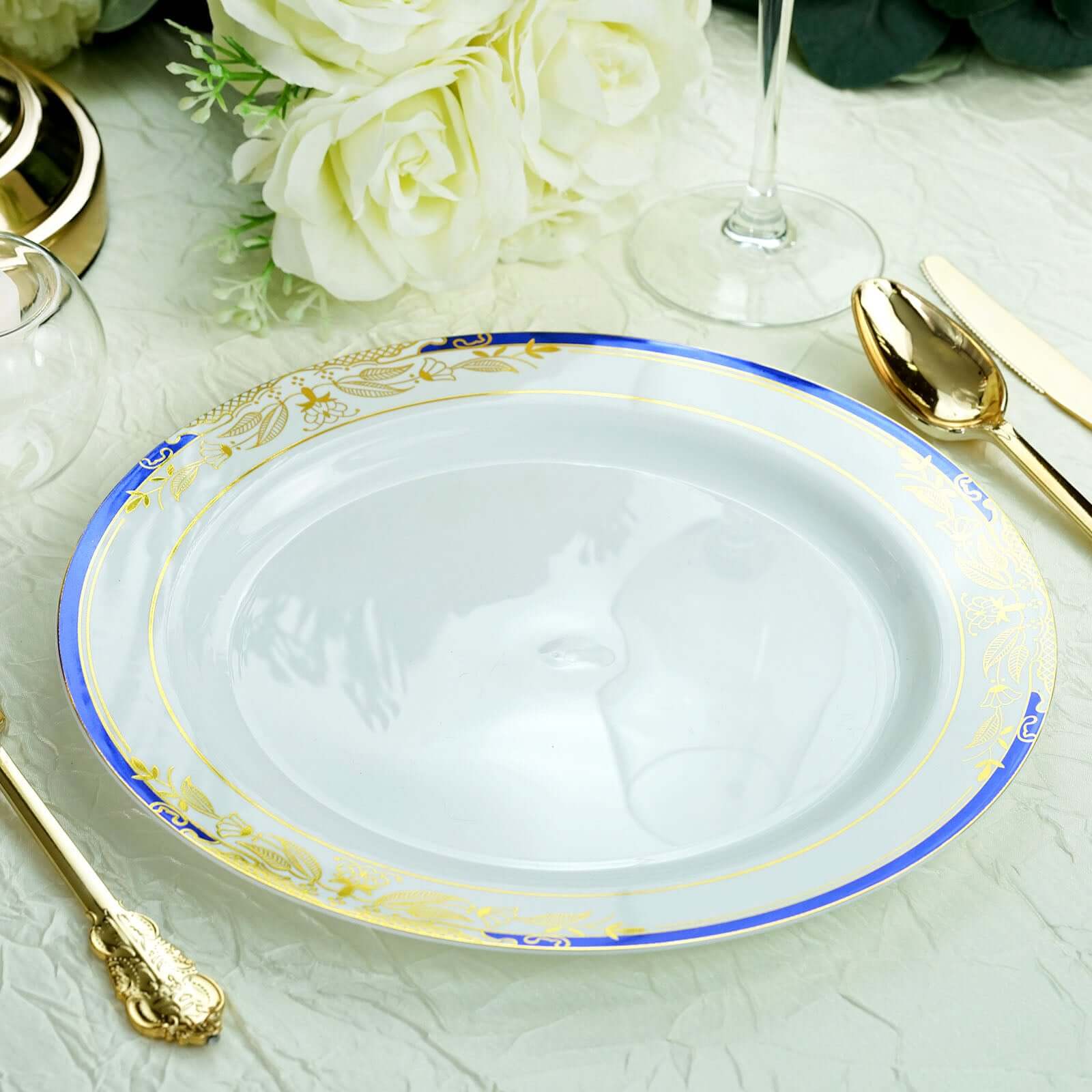10-Pack Plastic Round Dinner Plates 10" White with Royal Blue - Image 12