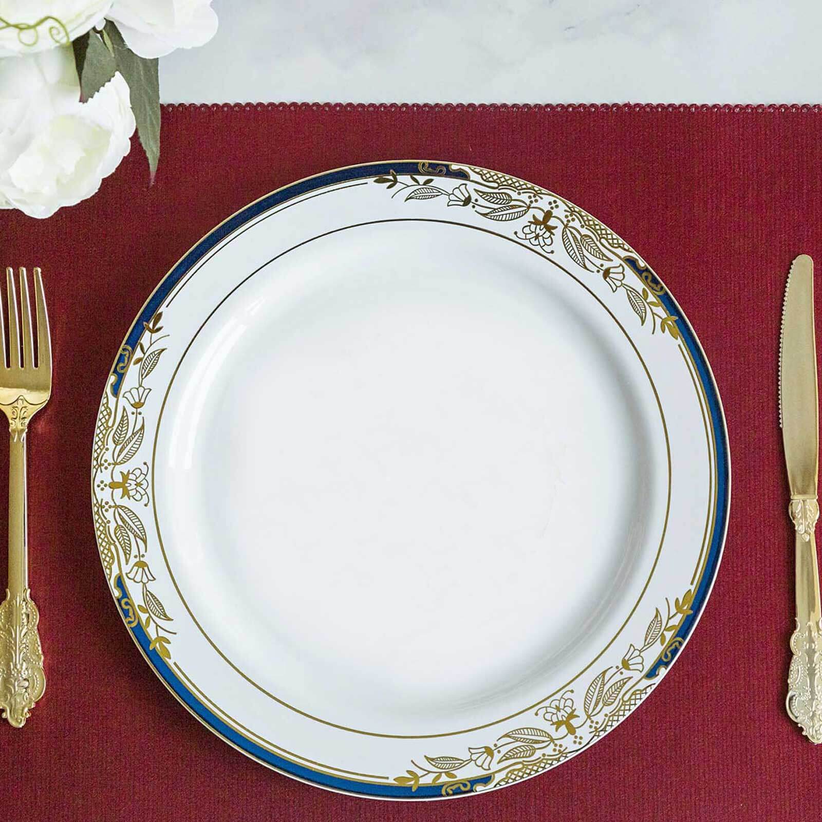 10-Pack Plastic Round Dinner Plates 10" White with Royal Blue - Image 2