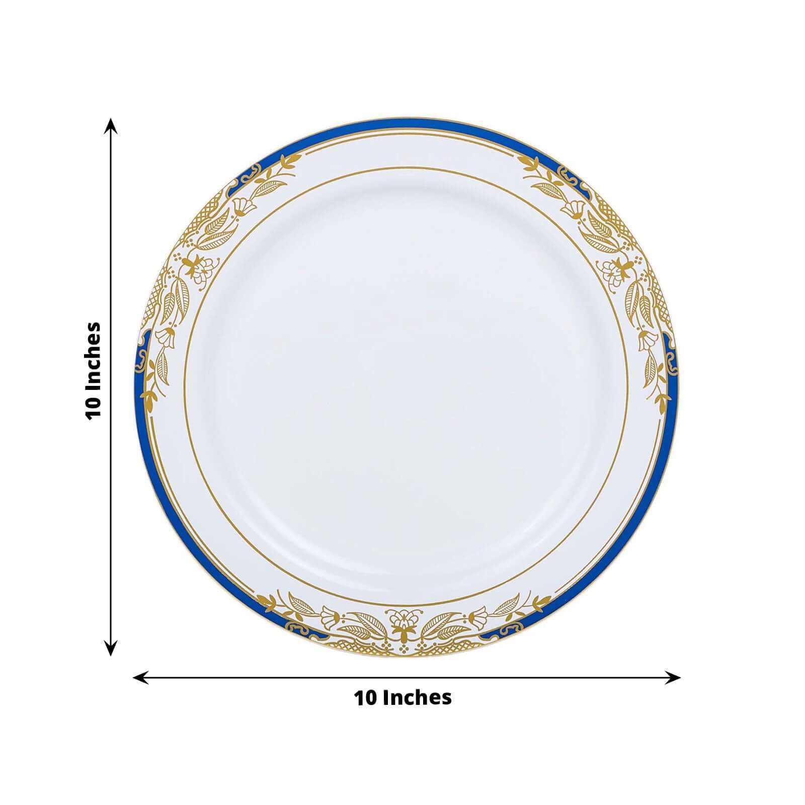 10-Pack Plastic Round Dinner Plates 10" White with Royal Blue - Image 3