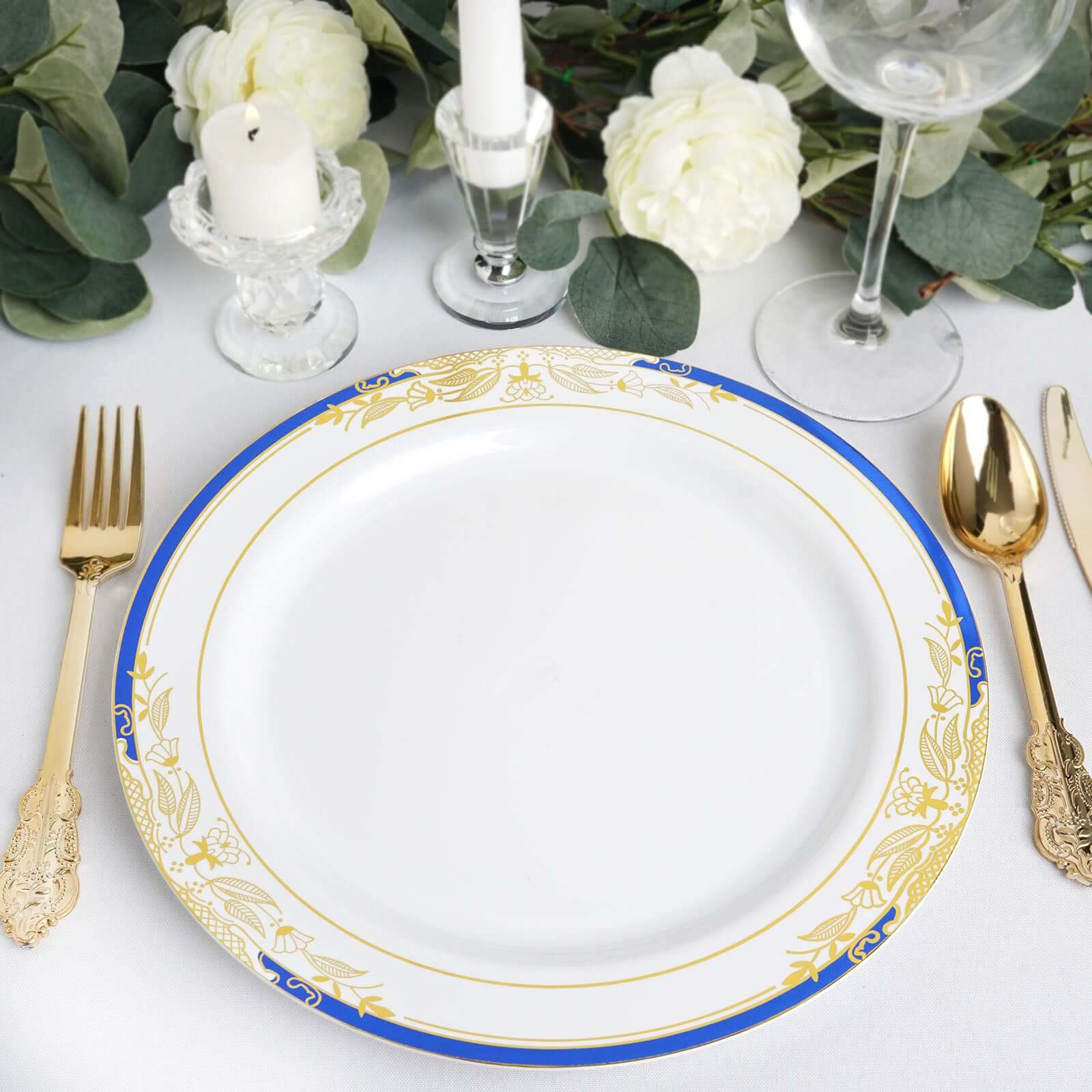 10-Pack Plastic Round Dinner Plates 10" White with Royal Blue - Image 6