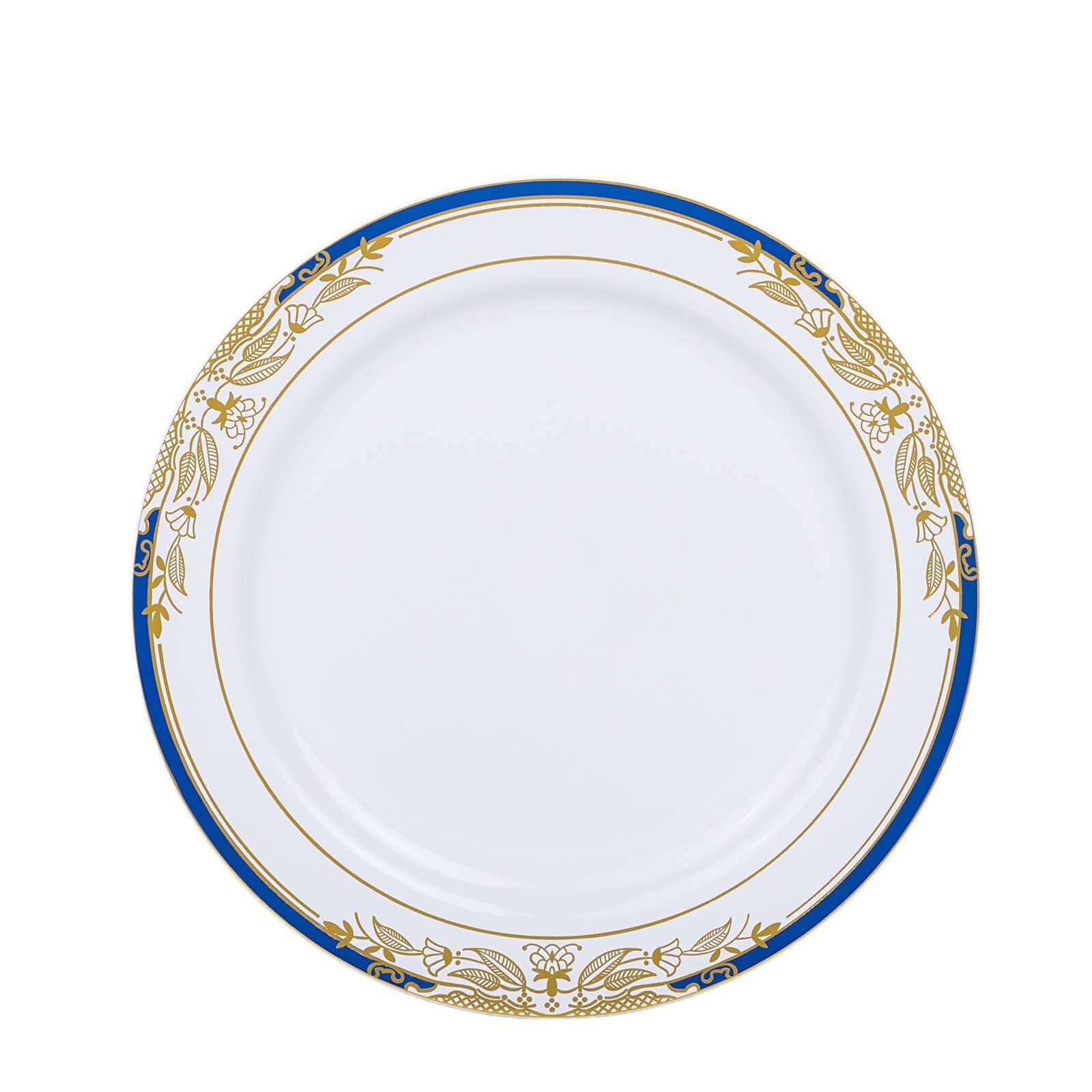 10-Pack Plastic Round Dinner Plates 10" White with Royal Blue - Image 7