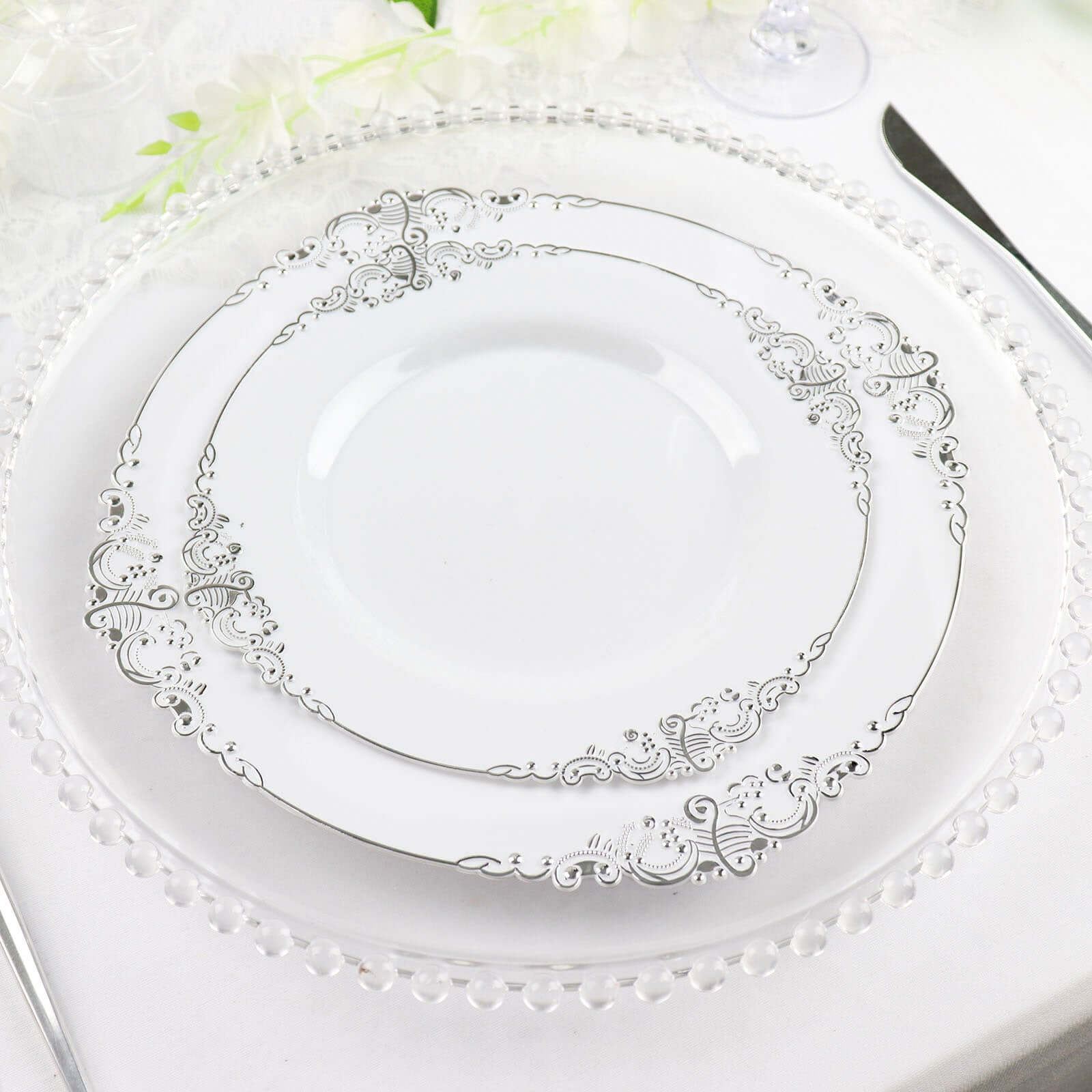 10-Pack Plastic Round Dinner Plates 10" White with Silver Leaf Embossed Rim - Vintage Baroque Style Disposable Plates - Image 2