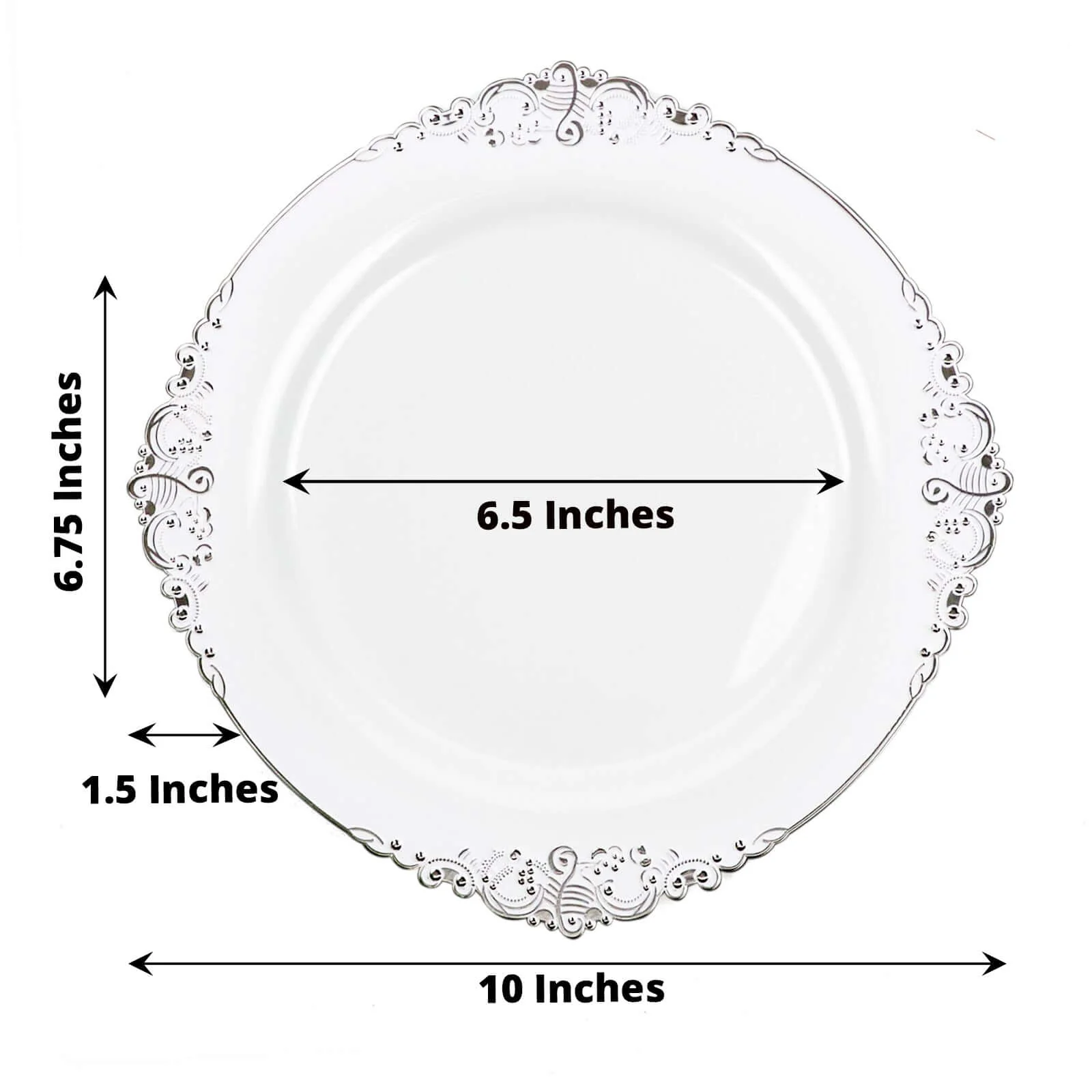 10-Pack Plastic Round Dinner Plates 10" White with Silver Leaf Embossed Rim - Vintage Baroque Style Disposable Plates - Image 3
