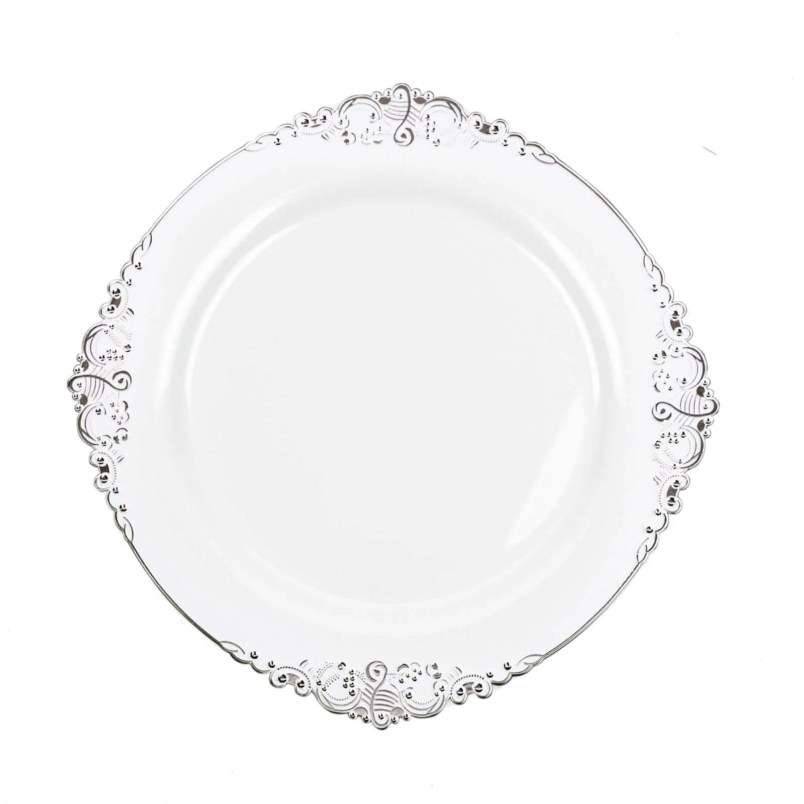 10-Pack Plastic Round Dinner Plates 10" White with Silver Leaf Embossed Rim - Vintage Baroque Style Disposable Plates - Image 7