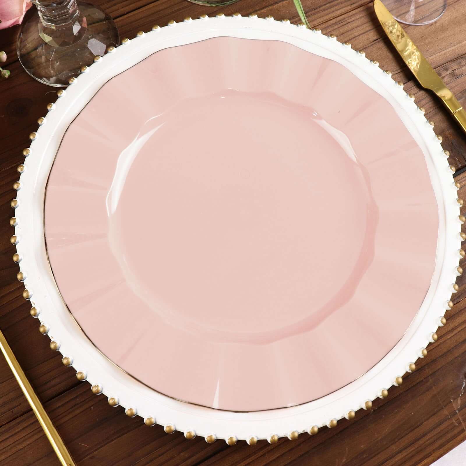 10-Pack Plastic Round Dinner Plates 11" Blush Ruffled Rim with Gold Edging - Heavy Duty Disposable Dinnerware - Image 6