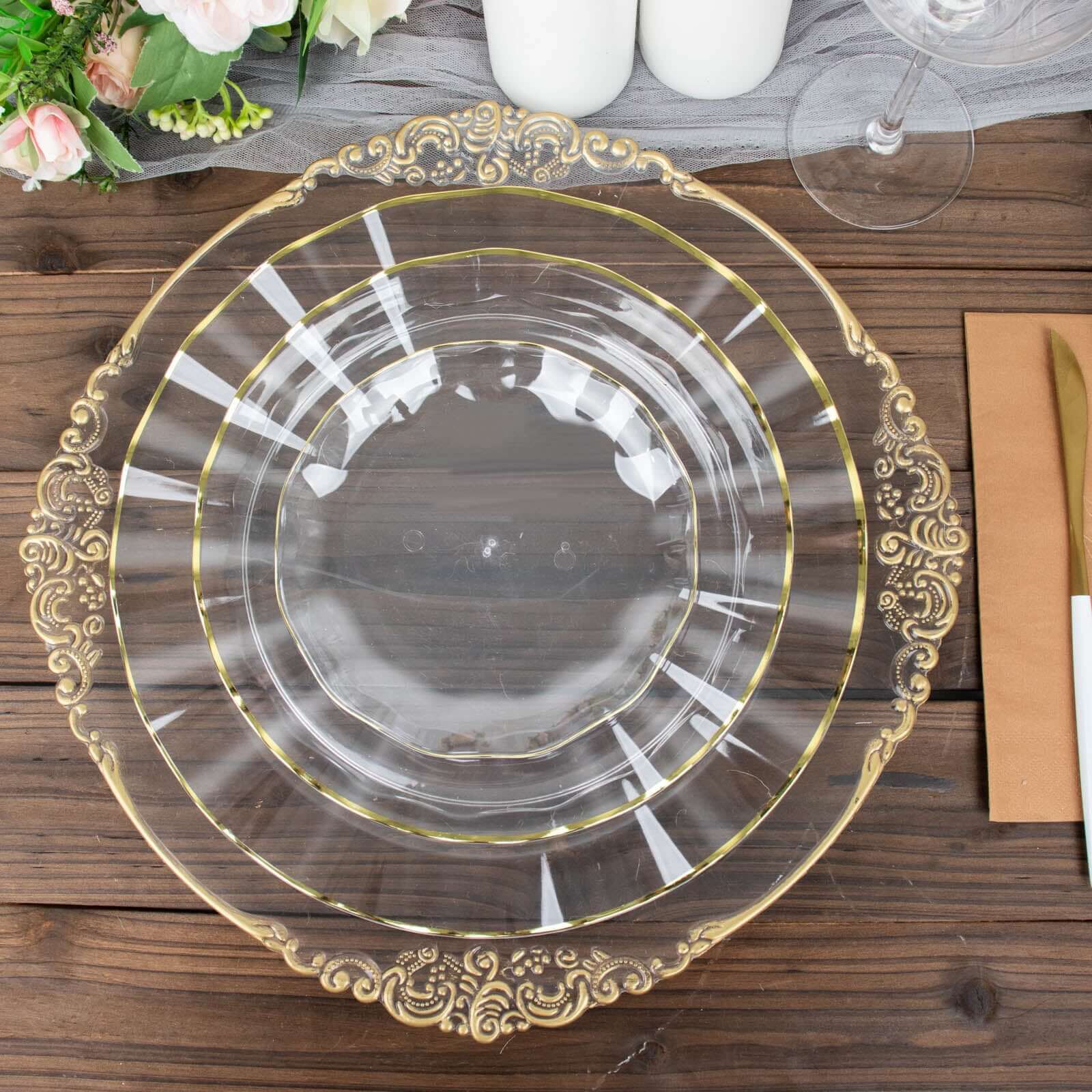10-Pack Plastic Round Dinner Plates 11" Clear Ruffled Rim with Gold Edging - Heavy Duty Disposable Dinnerware - Image 2