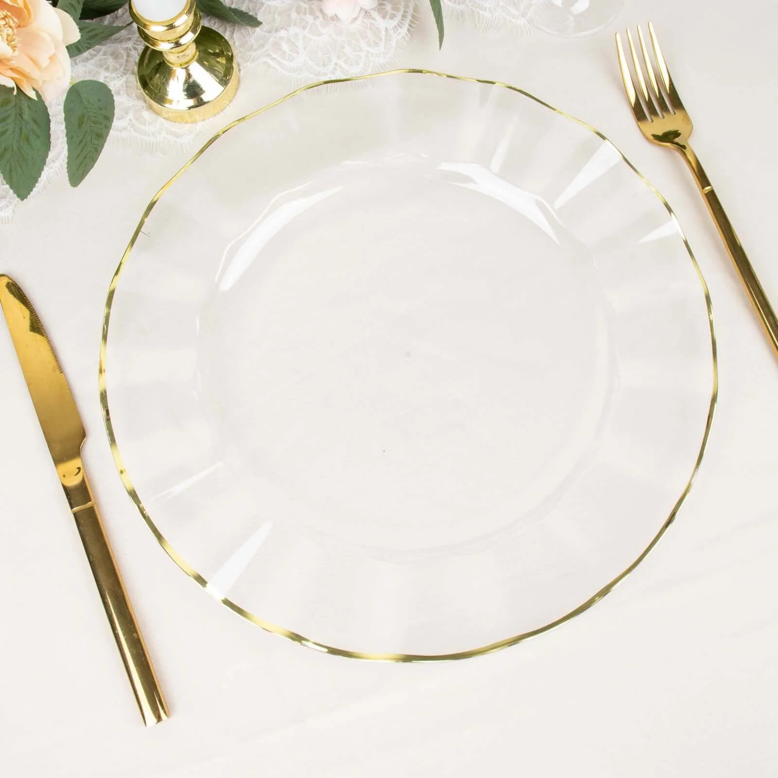 10-Pack Plastic Round Dinner Plates 11" Clear Ruffled Rim with Gold Edging - Heavy Duty Disposable Dinnerware - Image 7