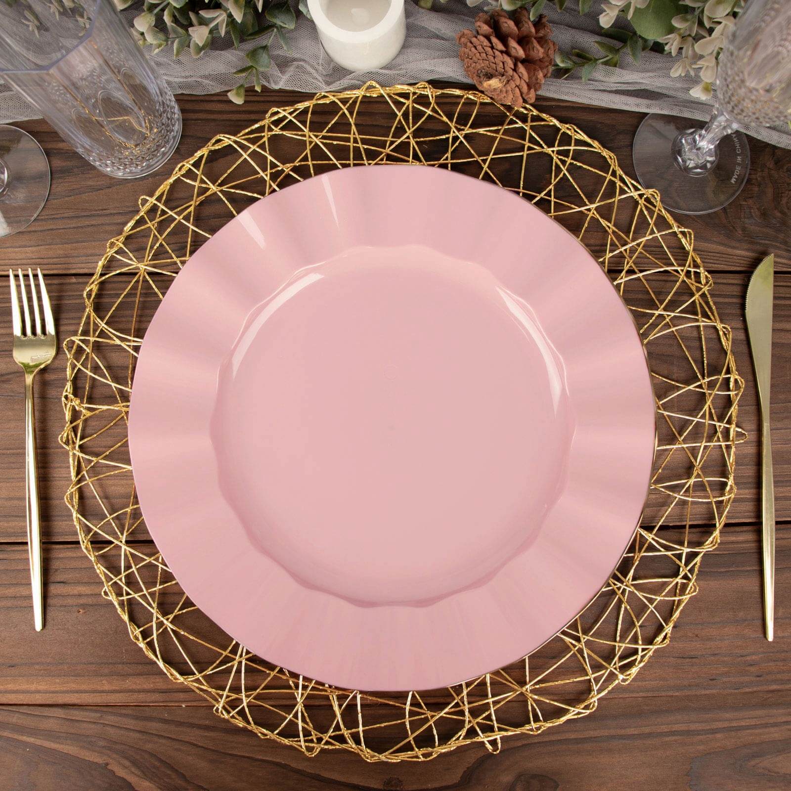 10-Pack Plastic Round Dinner Plates 11" Dusty Rose Ruffled Rim with Gold Edging - Heavy Duty Disposable Dinnerware - Image 2