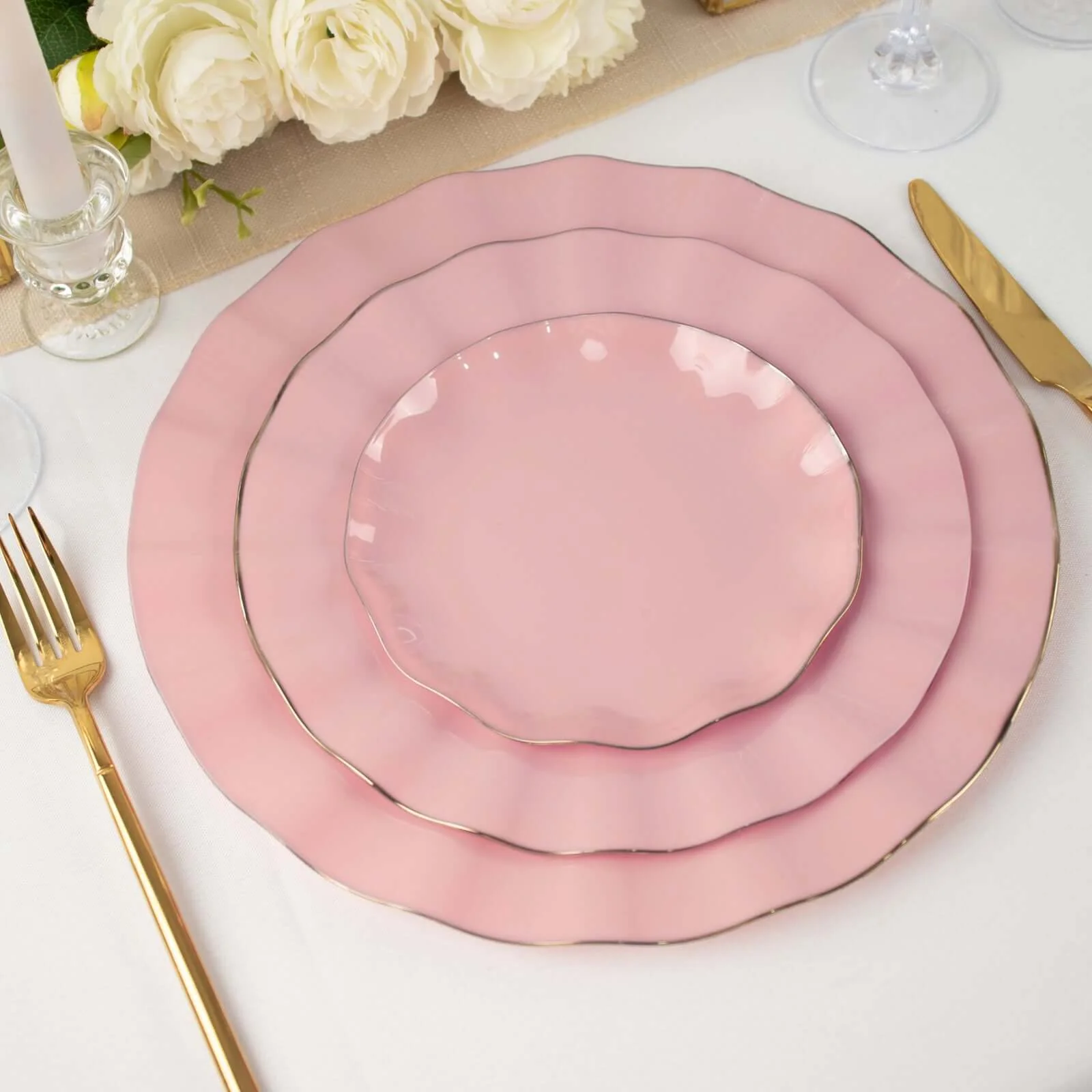 10-Pack Plastic Round Dinner Plates 11" Dusty Rose Ruffled Rim with Gold Edging - Heavy Duty Disposable Dinnerware - Image 6