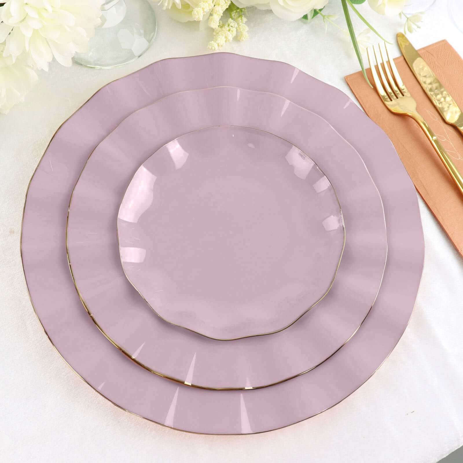 10-Pack Plastic Round Dinner Plates 11" Lavender Lilac Ruffled Rim with Gold Edging - Heavy Duty Disposable Dinnerware - Image 2