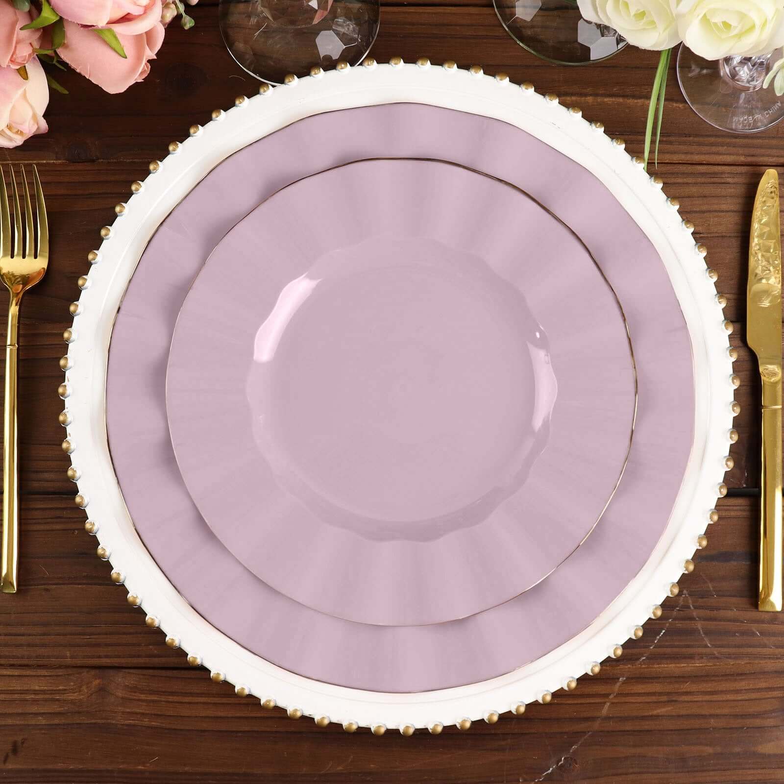 10-Pack Plastic Round Dinner Plates 11" Lavender Lilac Ruffled Rim with Gold Edging - Heavy Duty Disposable Dinnerware - Image 6