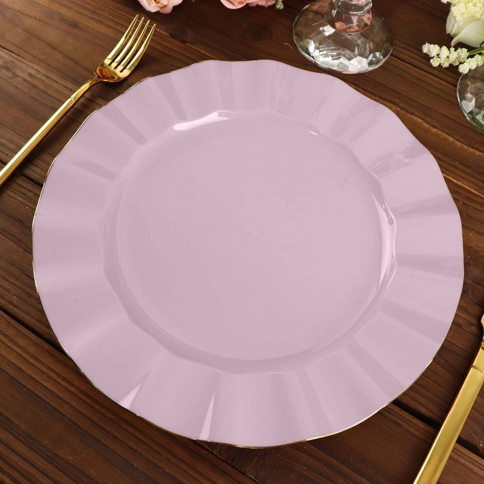 10-Pack Plastic Round Dinner Plates 11" Lavender Lilac Ruffled Rim with Gold Edging - Heavy Duty Disposable Dinnerware - Image 8