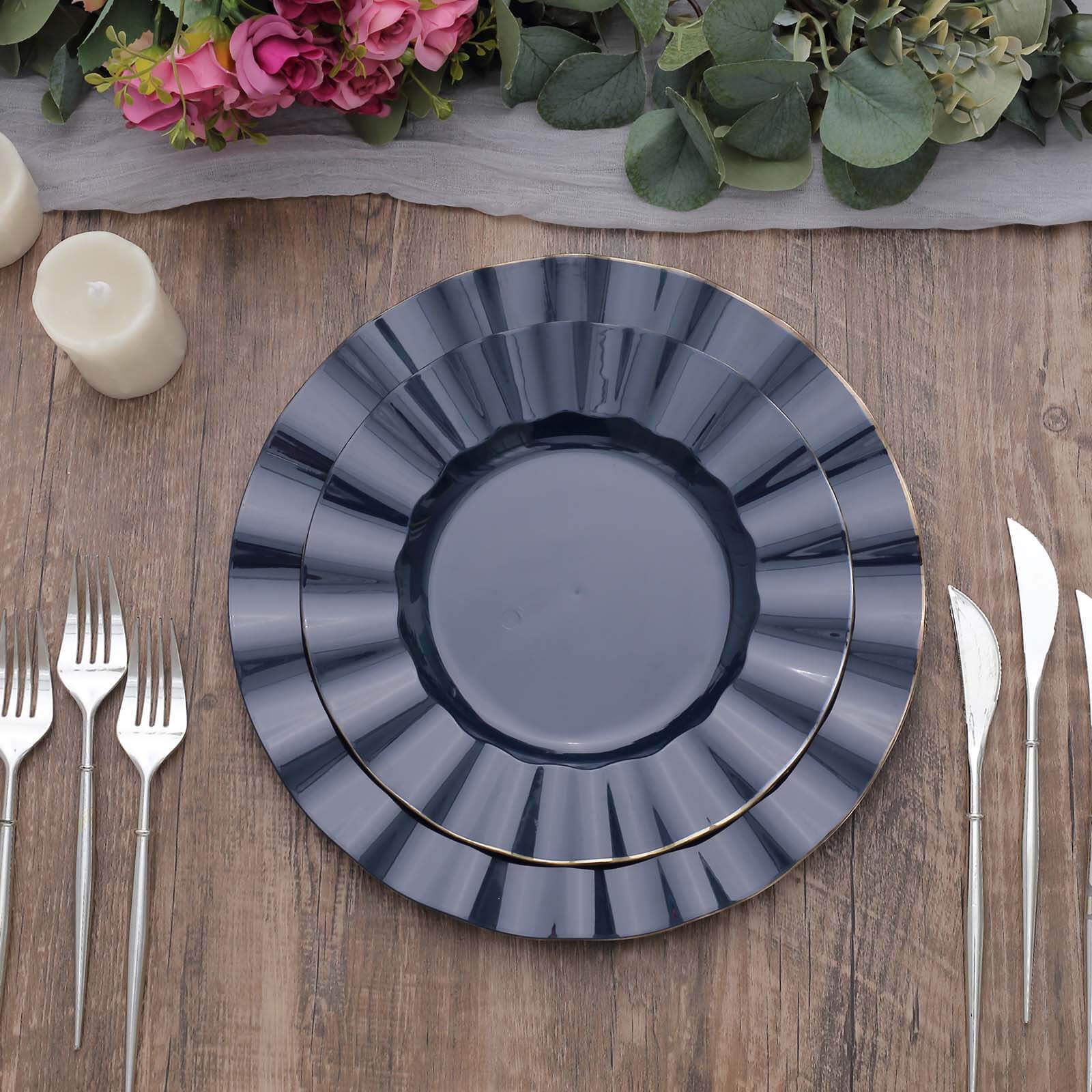 10-Pack Plastic Round Dinner Plates 11" Navy Blue Ruffled Rim with Gold Edging - Heavy Duty Disposable Dinnerware - Image 7