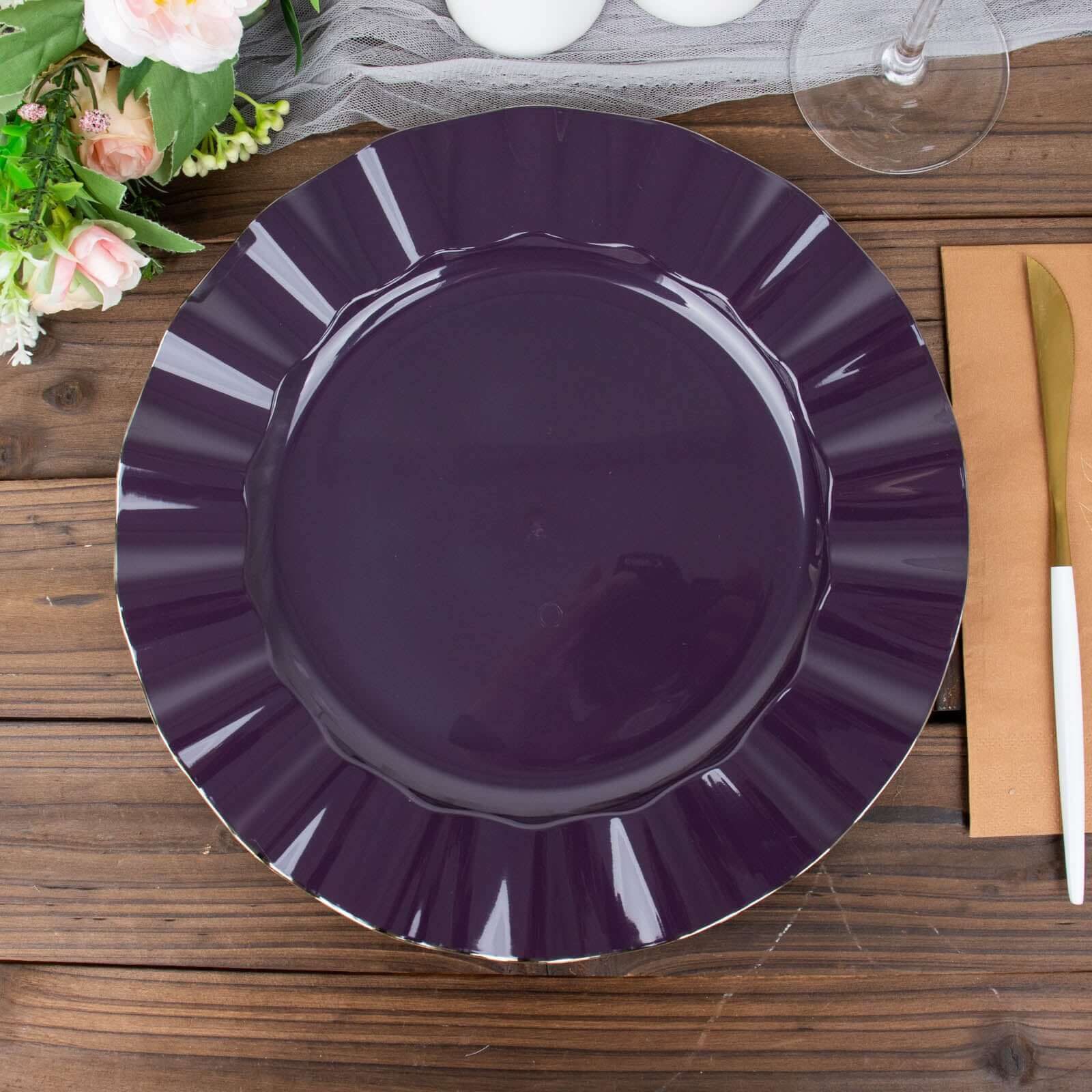 10-Pack Plastic Round Dinner Plates 11" Purple Ruffled Rim with Gold Edging - Heavy Duty Disposable Dinnerware