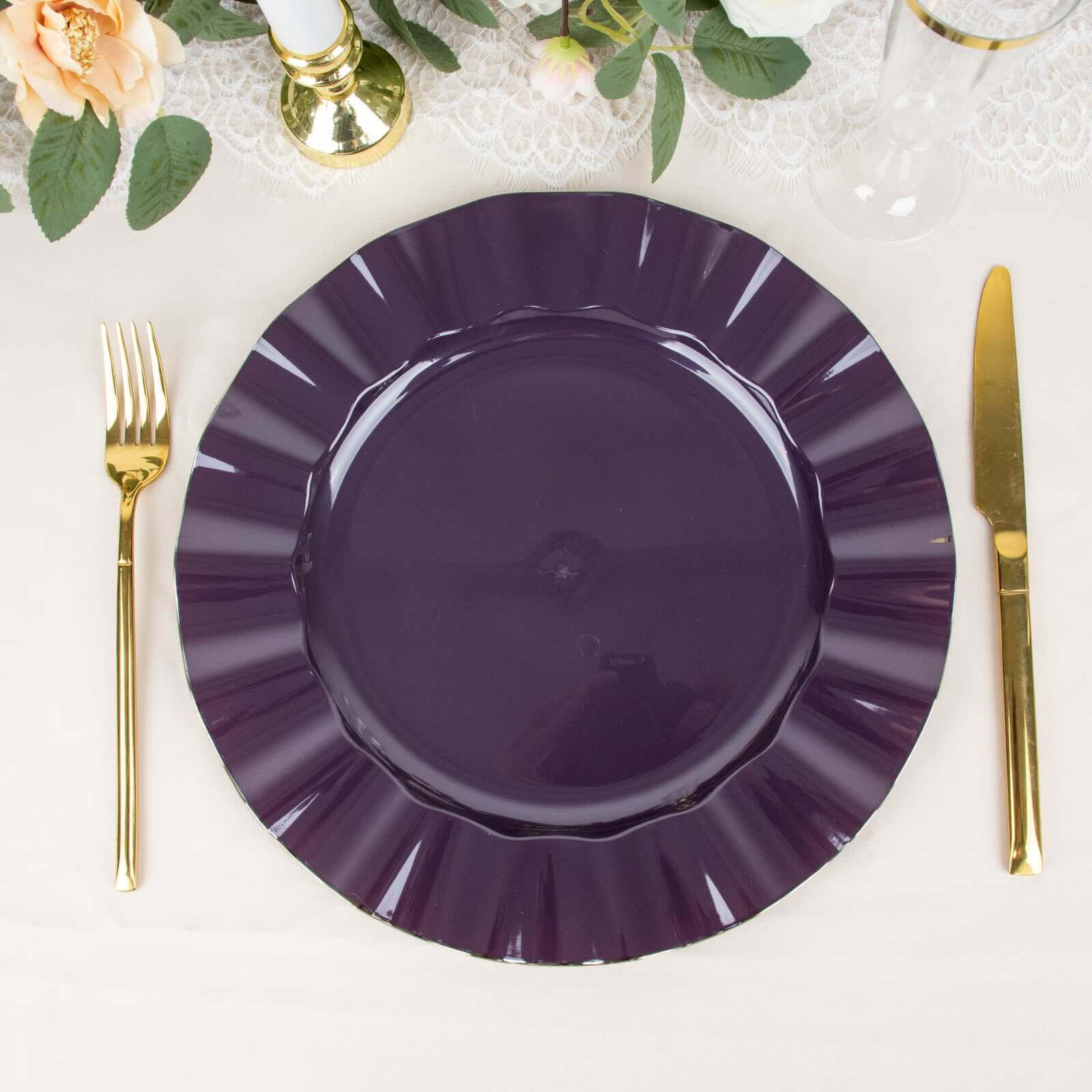 10-Pack Plastic Round Dinner Plates 11" Purple Ruffled Rim with Gold Edging - Heavy Duty Disposable Dinnerware - Image 7