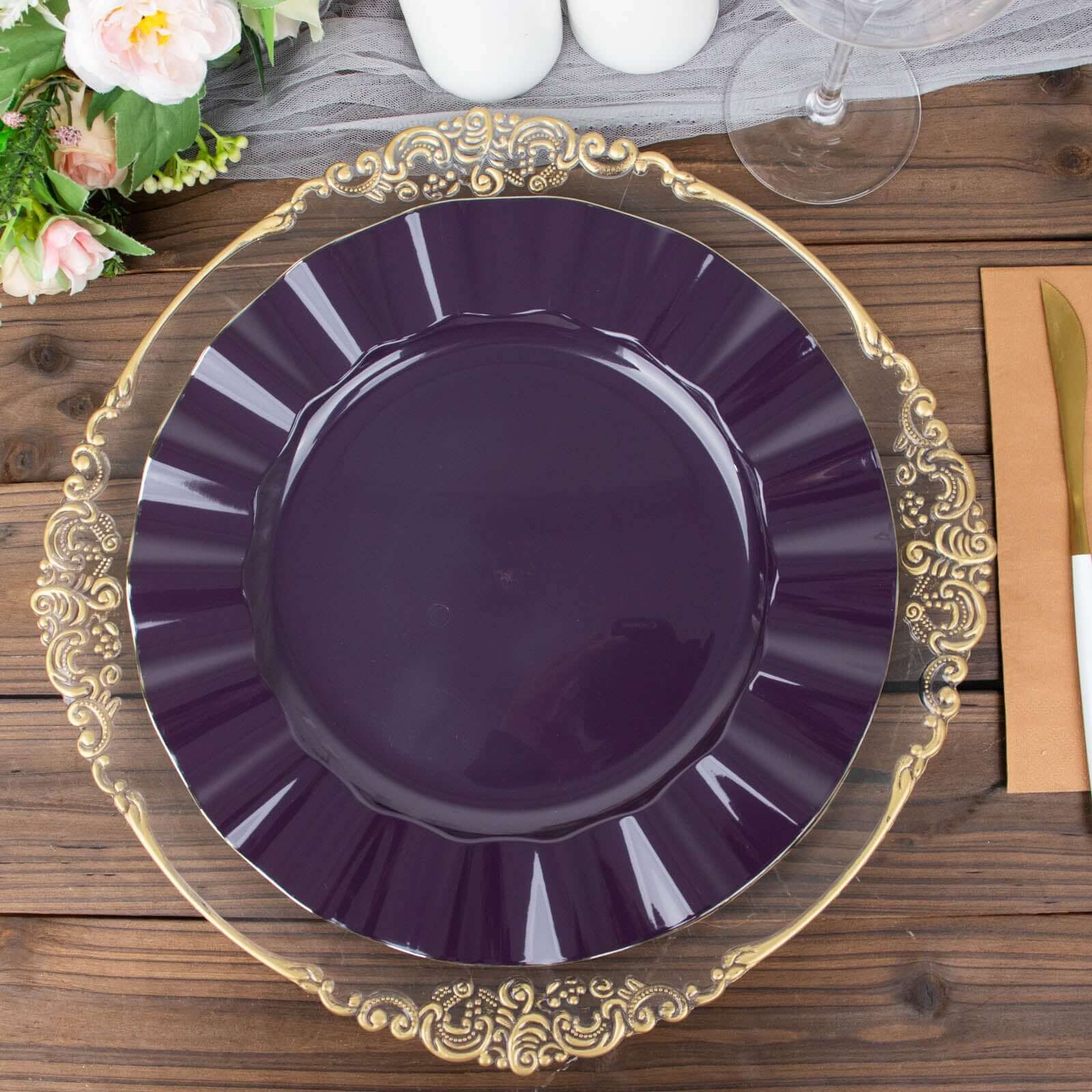 10-Pack Plastic Round Dinner Plates 11" Purple Ruffled Rim with Gold Edging - Heavy Duty Disposable Dinnerware - Image 8