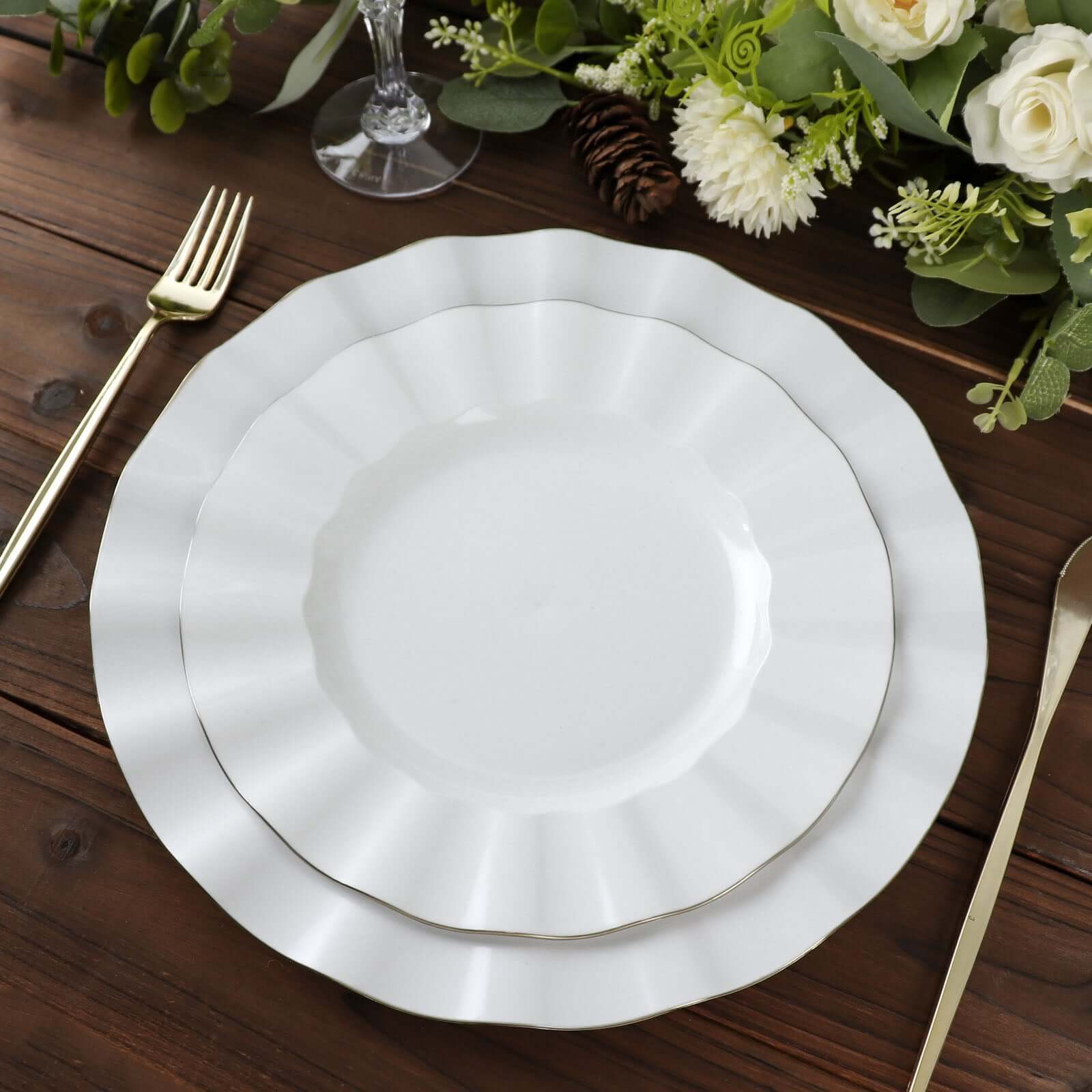 10-Pack Plastic Round Dinner Plates 11" White Ruffled Rim with Gold Edging - Heavy Duty Disposable Dinnerware for Upscale Buffets & Catered Events - Image 2