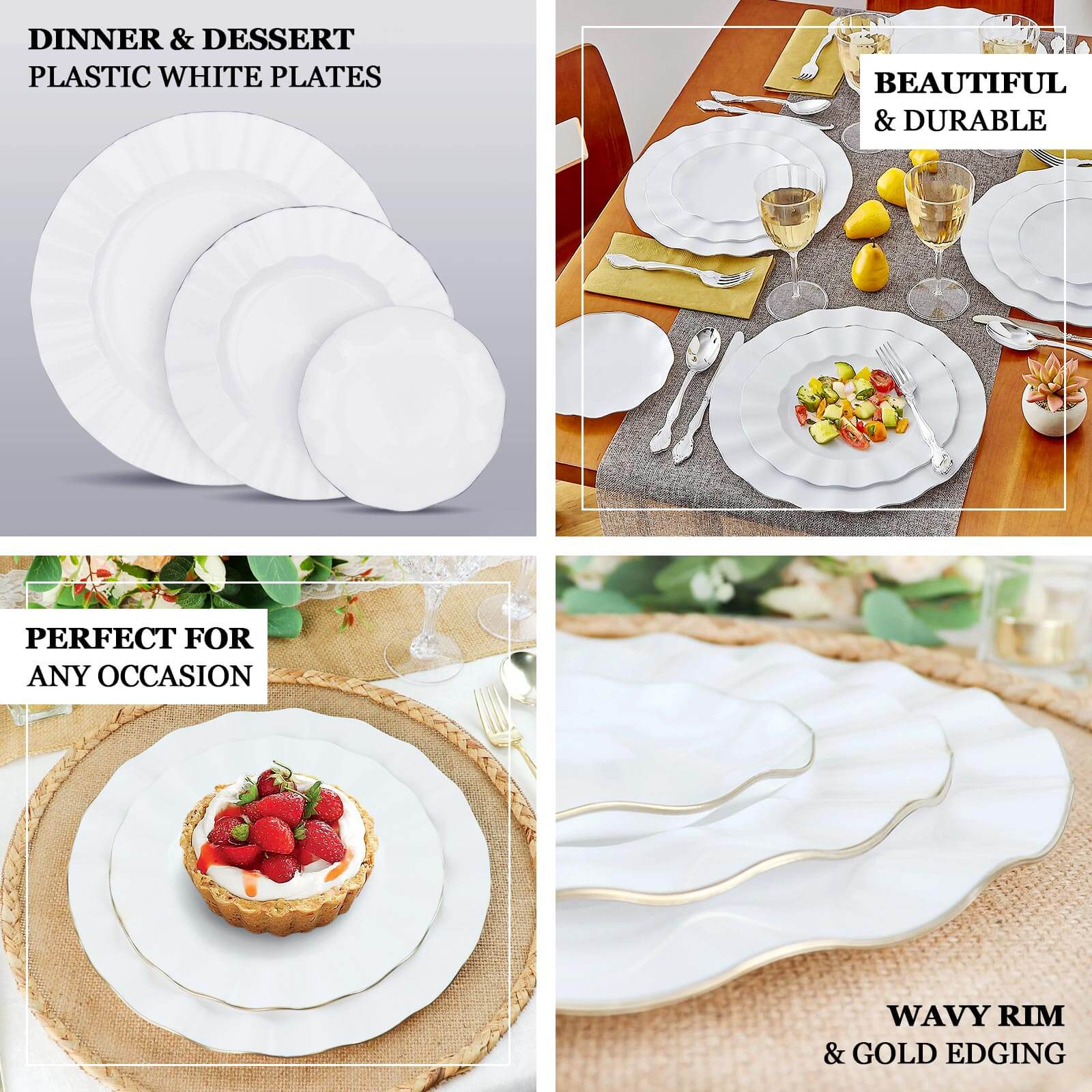 10-Pack Plastic Round Dinner Plates 11" White Ruffled Rim with Gold Edging - Heavy Duty Disposable Dinnerware for Upscale Buffets & Catered Events - Image 4