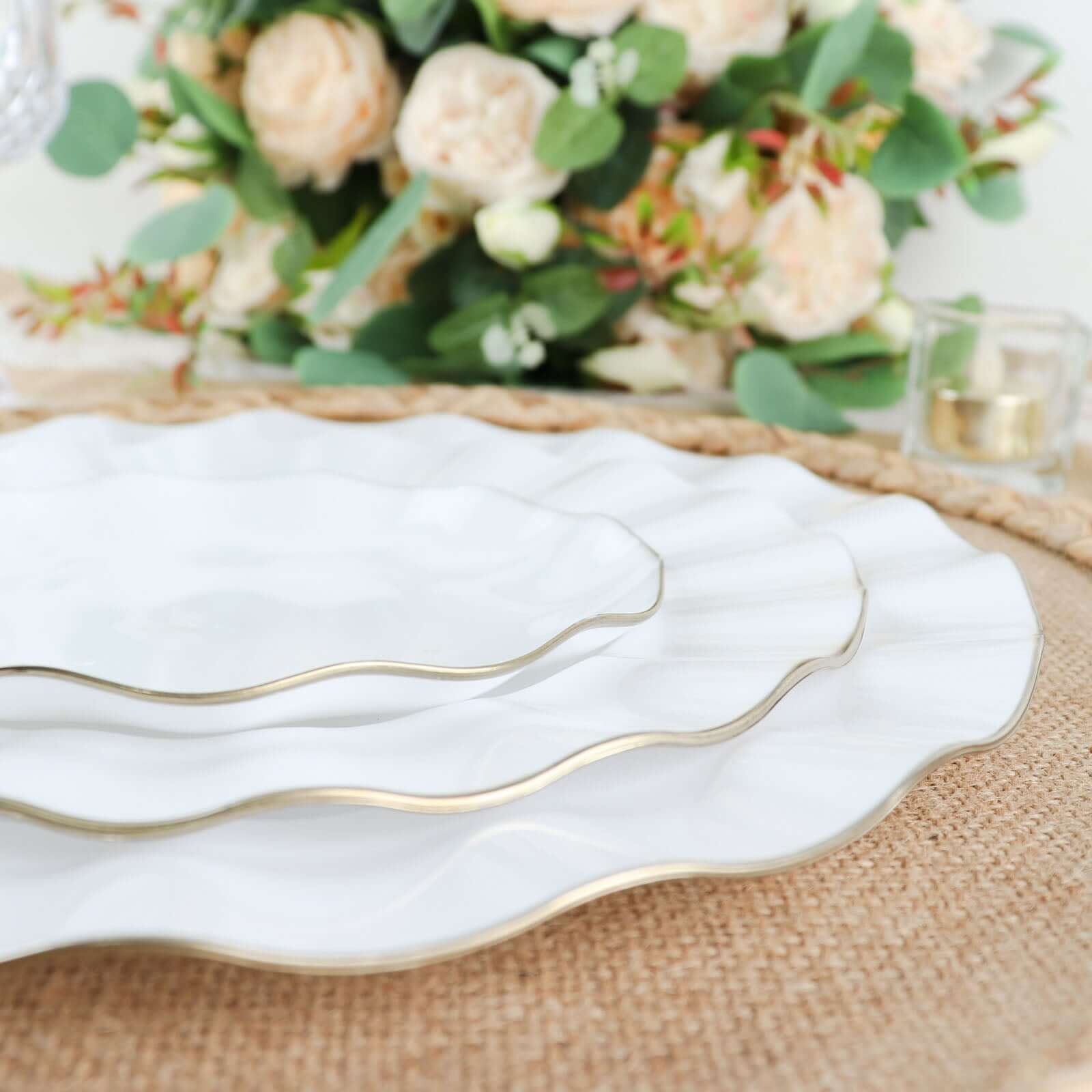 10-Pack Plastic Round Dinner Plates 11" White Ruffled Rim with Gold Edging - Heavy Duty Disposable Dinnerware for Upscale Buffets & Catered Events - Image 8
