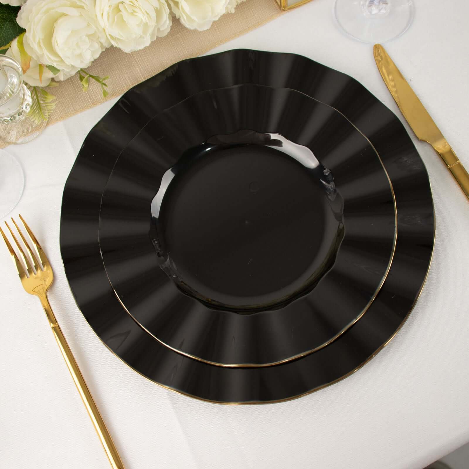 10-Pack Plastic Round Dinner Plates 9" Black Ruffled Rim with Gold Edging - Heavy Duty Disposable Dinnerware