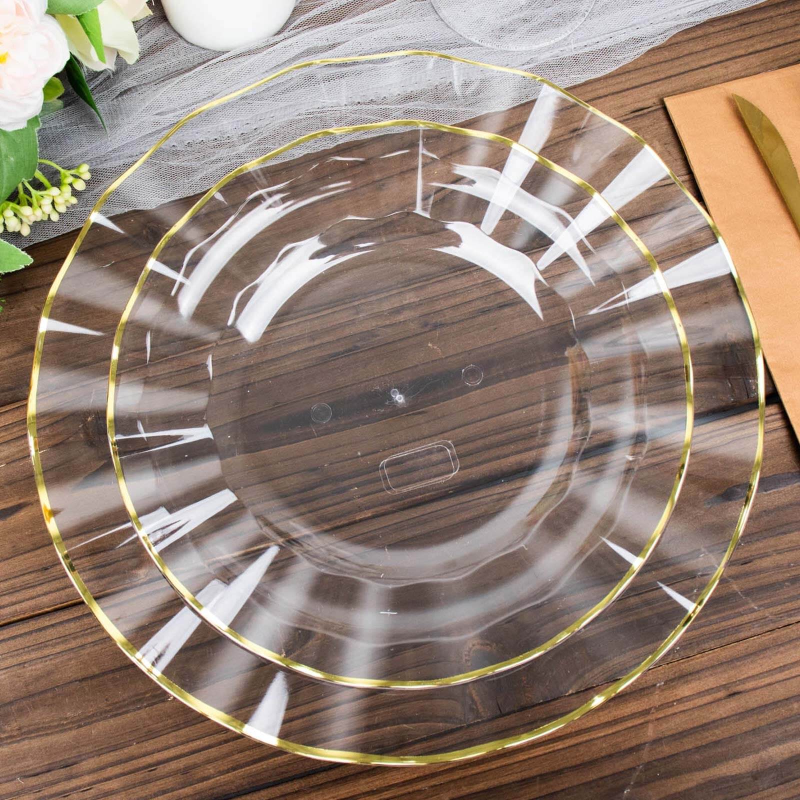 10-Pack Plastic Round Dinner Plates 9" Clear Ruffled Rim with Gold Edging - Heavy Duty Disposable Dinnerware
