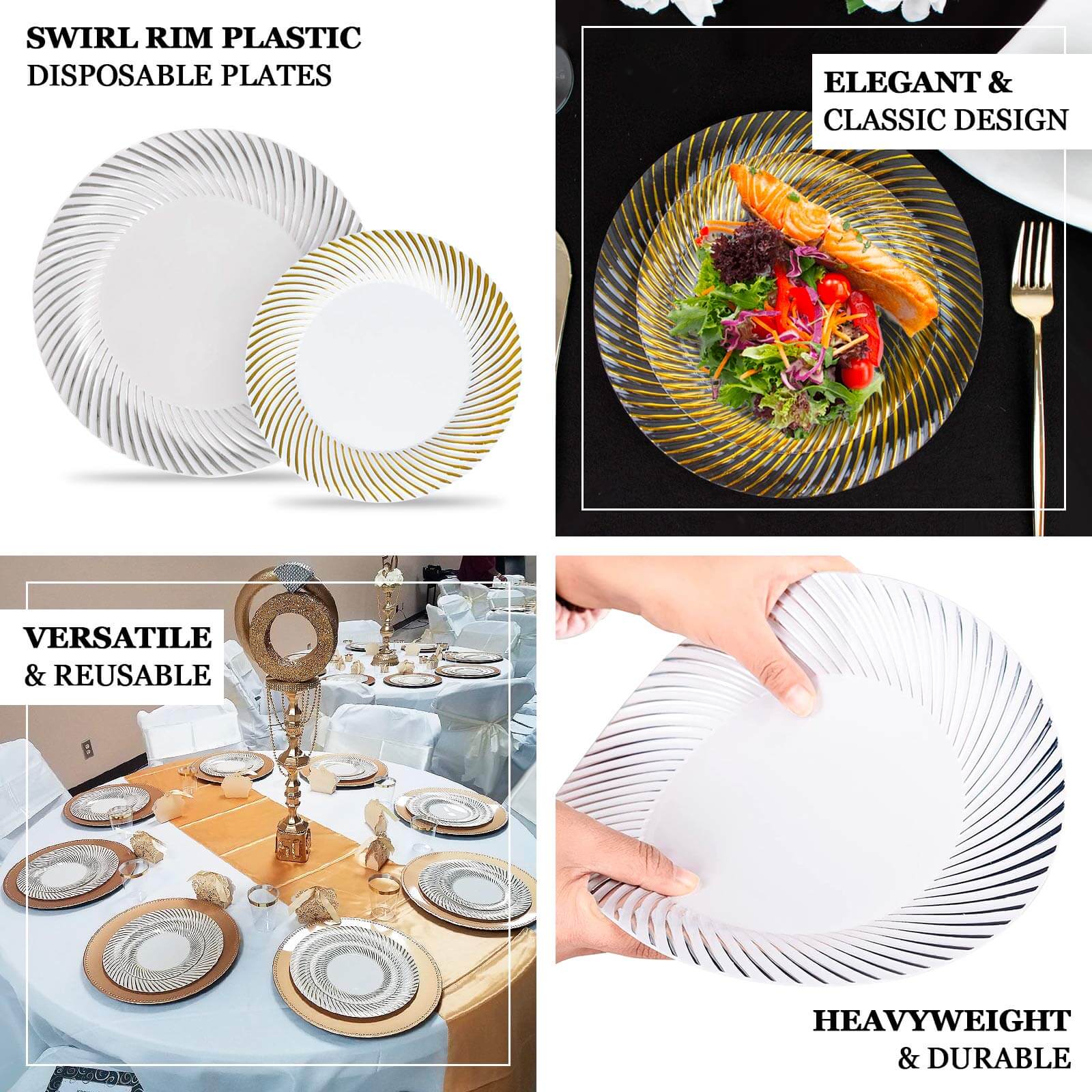 10-Pack Plastic Round Dinner Plates 9" Clear with Gold Swirl Rim - Disposable Party Plates - Image 4