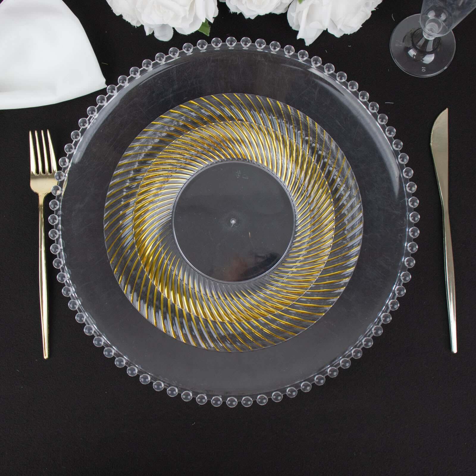 10-Pack Plastic Round Dinner Plates 9" Clear with Gold Swirl Rim - Disposable Party Plates - Image 6