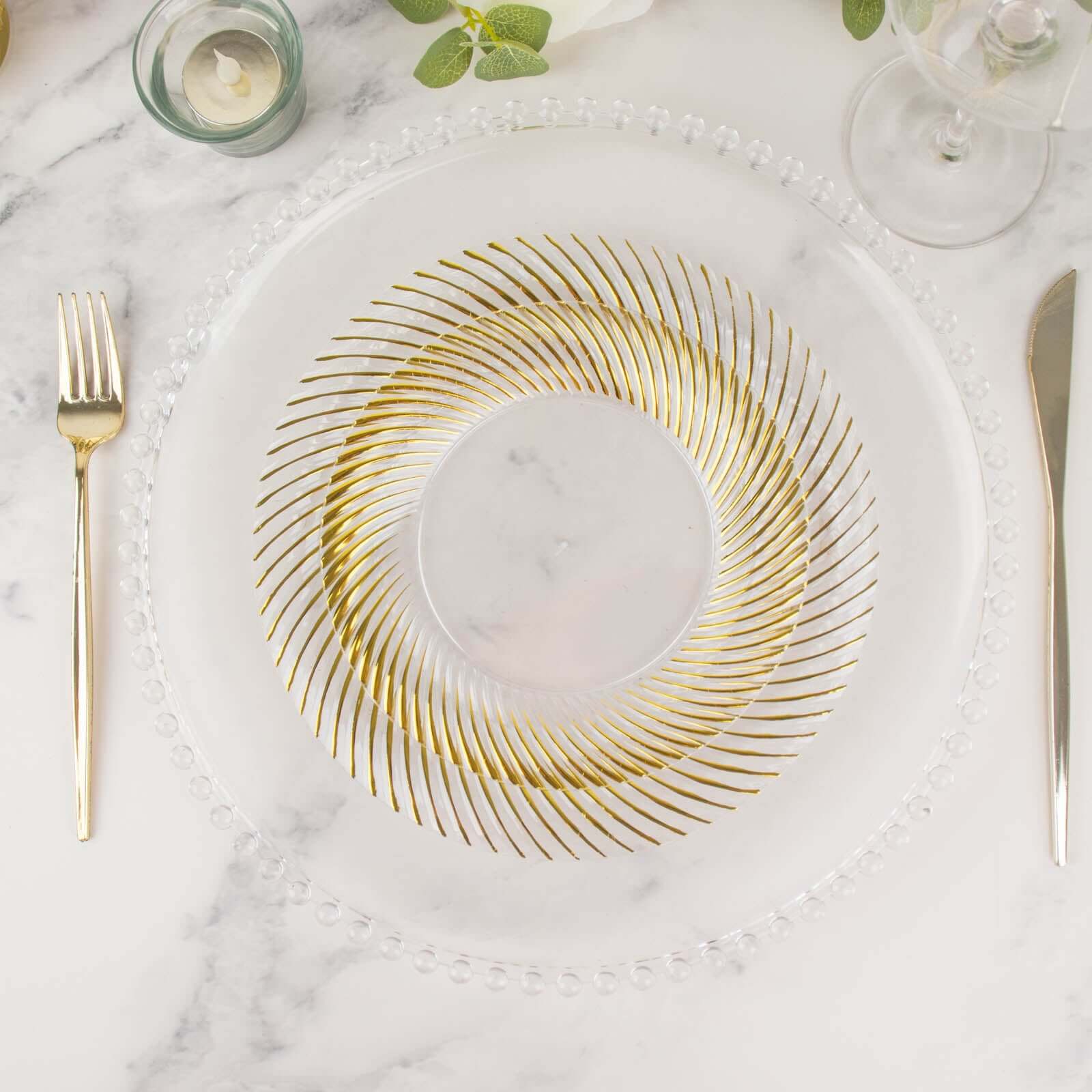 10-Pack Plastic Round Dinner Plates 9" Clear with Gold Swirl Rim - Disposable Party Plates - Image 8