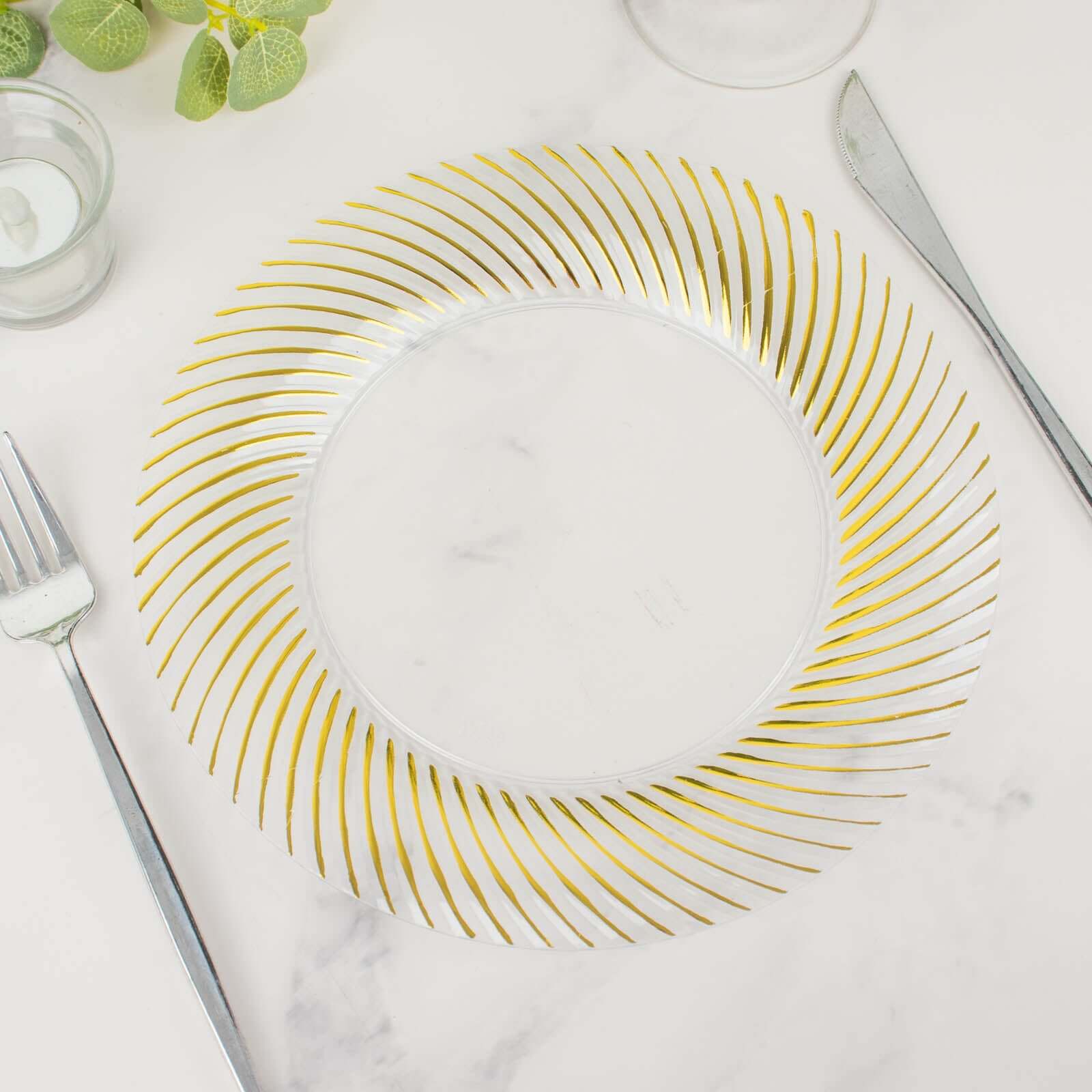 10-Pack Plastic Round Dinner Plates 9" Clear with Gold Swirl Rim - Disposable Party Plates - Image 9
