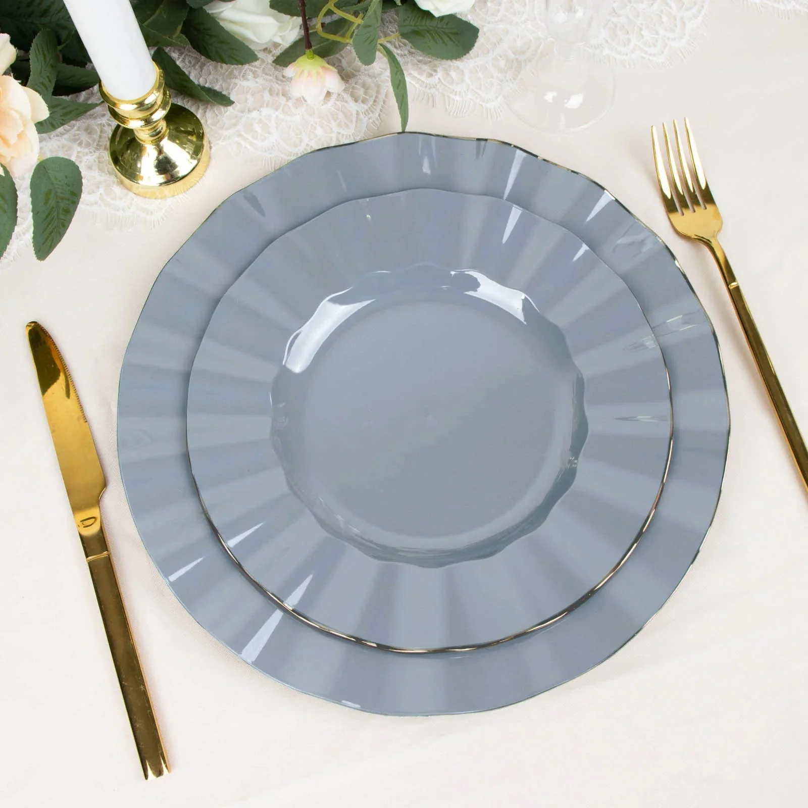 10-Pack Plastic Round Dinner Plates 9" Dusty Blue Ruffled Rim with Gold Edging - Heavy Duty Disposable Dinnerware - Image 6