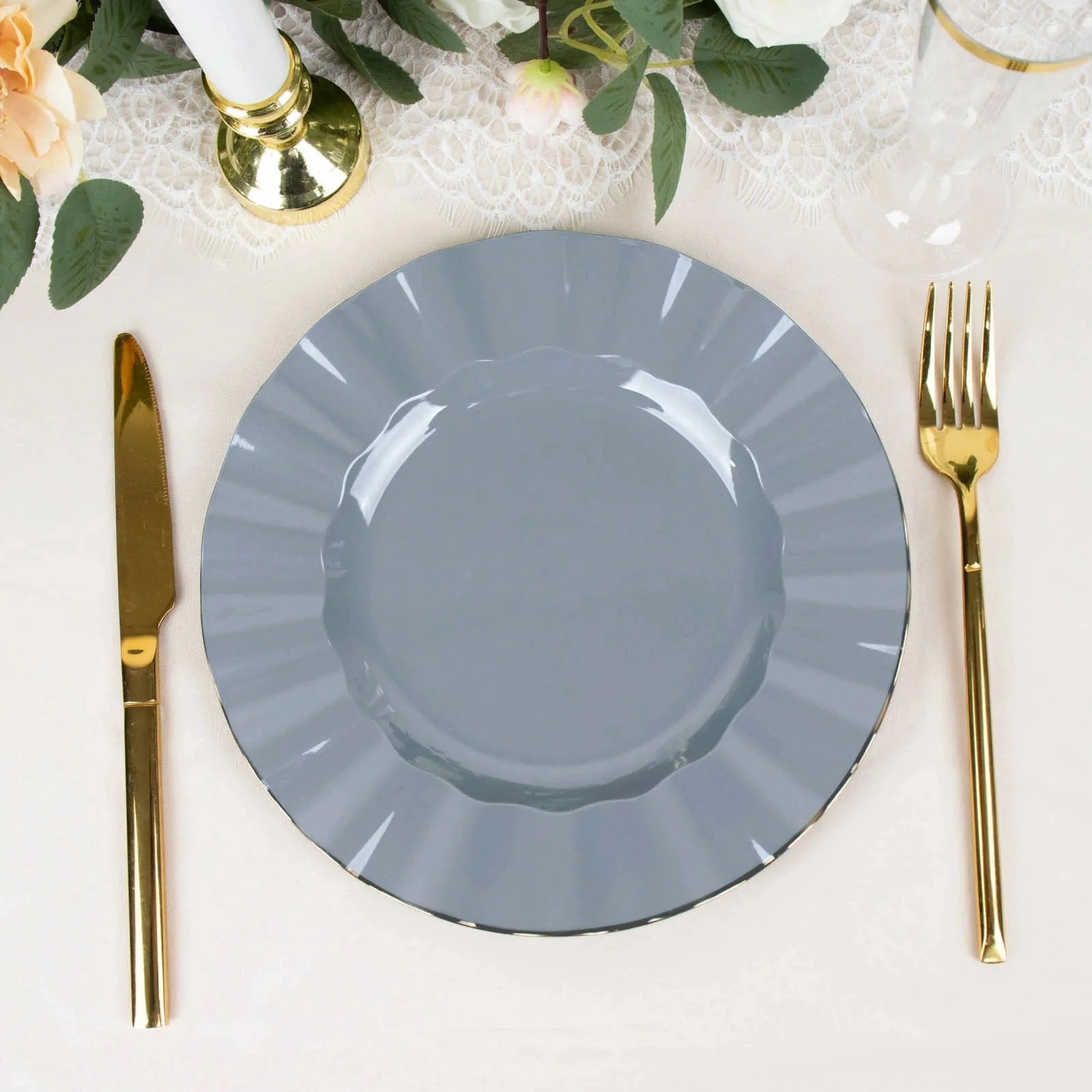 10-Pack Plastic Round Dinner Plates 9" Dusty Blue Ruffled Rim with Gold Edging - Heavy Duty Disposable Dinnerware - Image 8