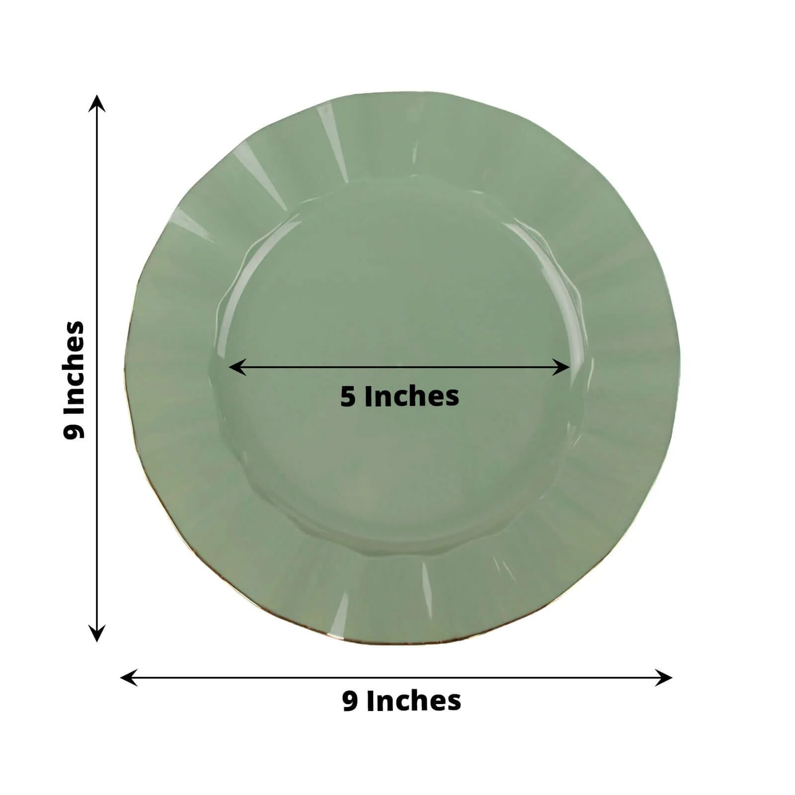 10-Pack Plastic Round Dinner Plates 9" Dusty Sage Green Ruffled Rim with Gold Edging - Heavy Duty Disposable Dinnerware - Image 3