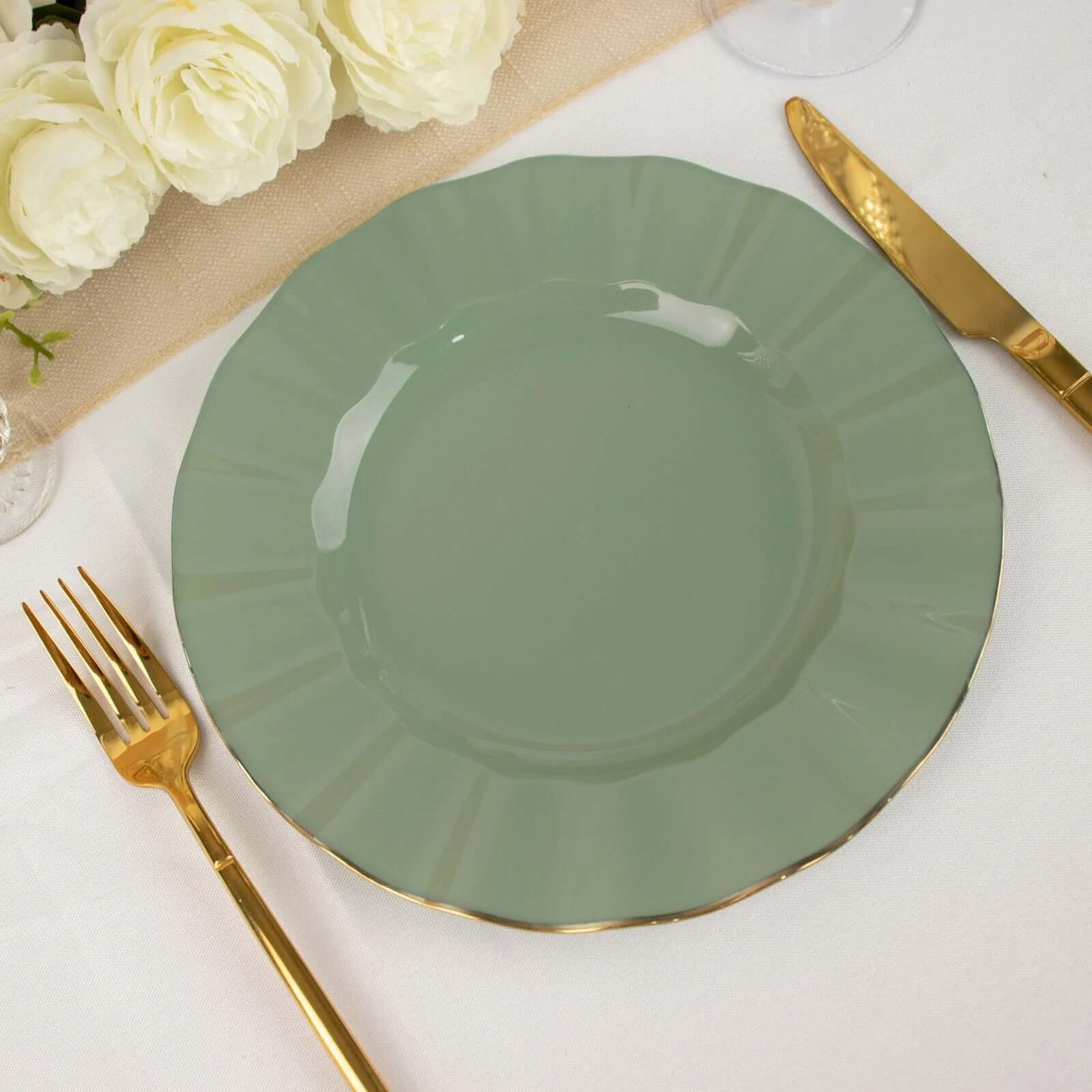 10-Pack Plastic Round Dinner Plates 9" Dusty Sage Green Ruffled Rim with Gold Edging - Heavy Duty Disposable Dinnerware - Image 7